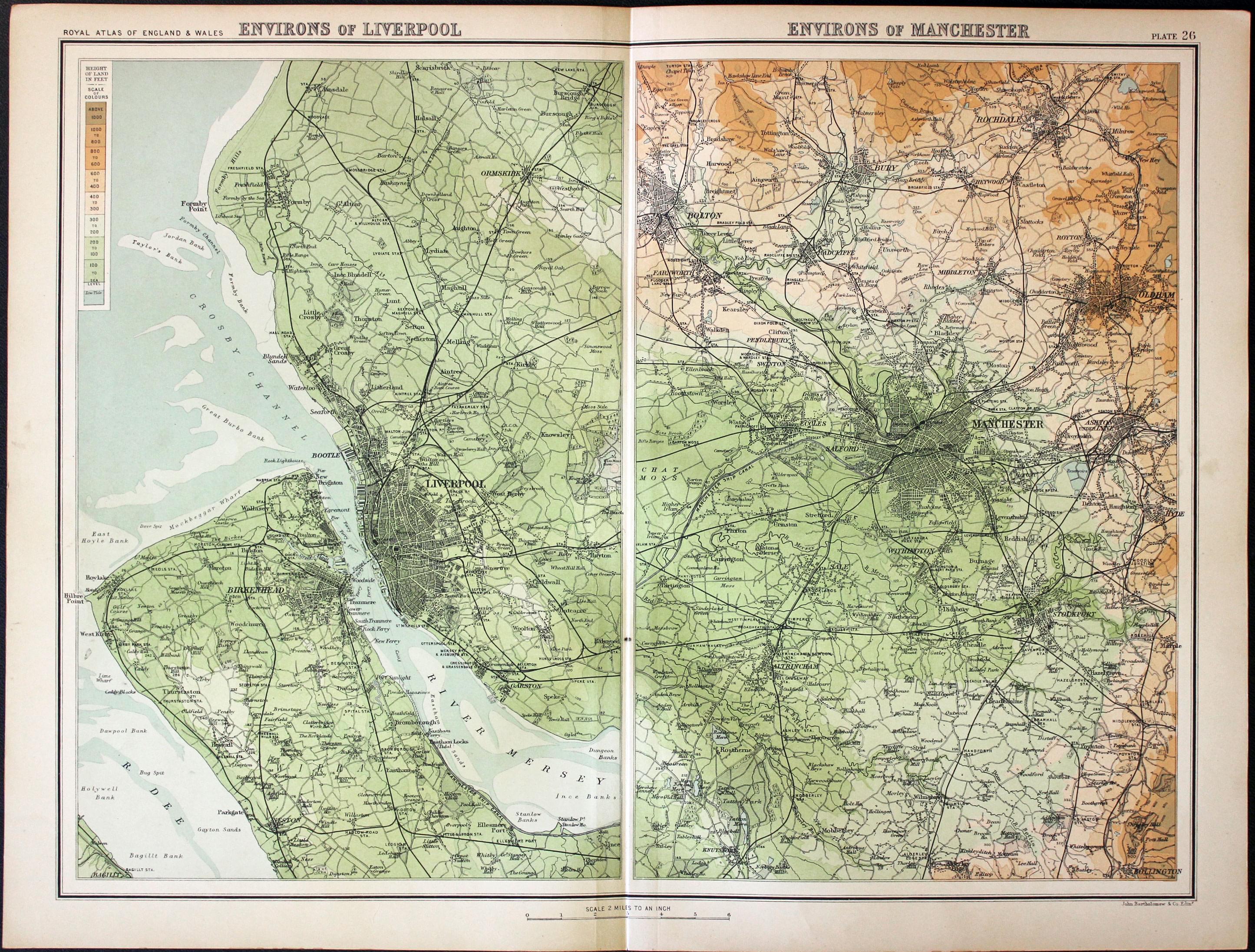 Environs of Liverpool and Manchester, John Bartholomew, c.1898  Environs of Liverpool and Manchester, John Bartholomew, c.1898