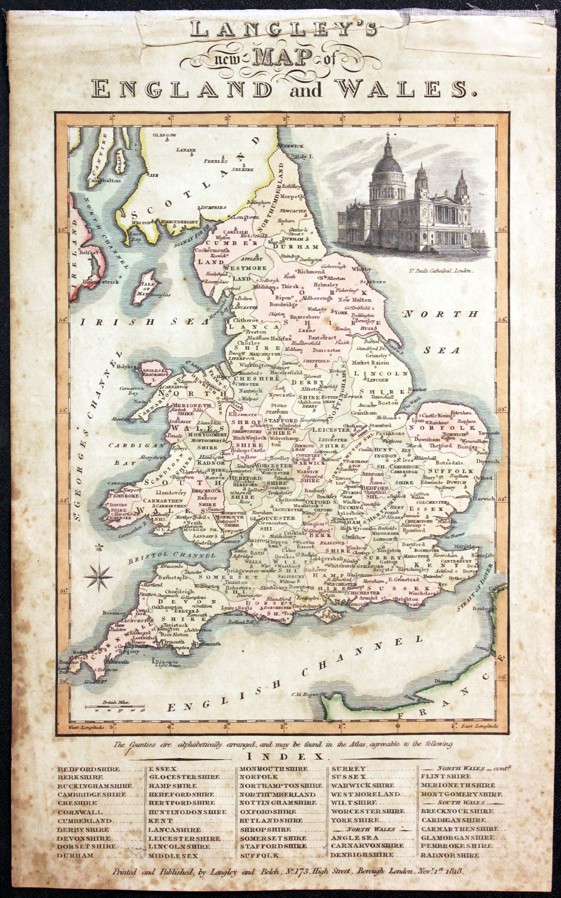 Map of England and Wales by Edward Langey 1818