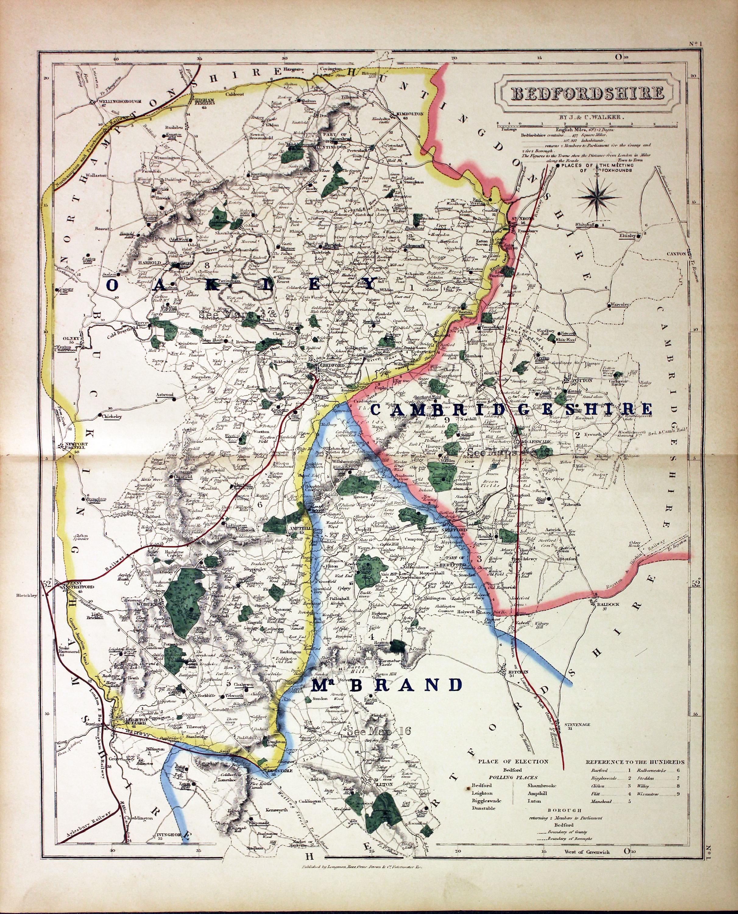 Fox Hunting Map of Bedfordshire by J. & C. Walker c.1851
