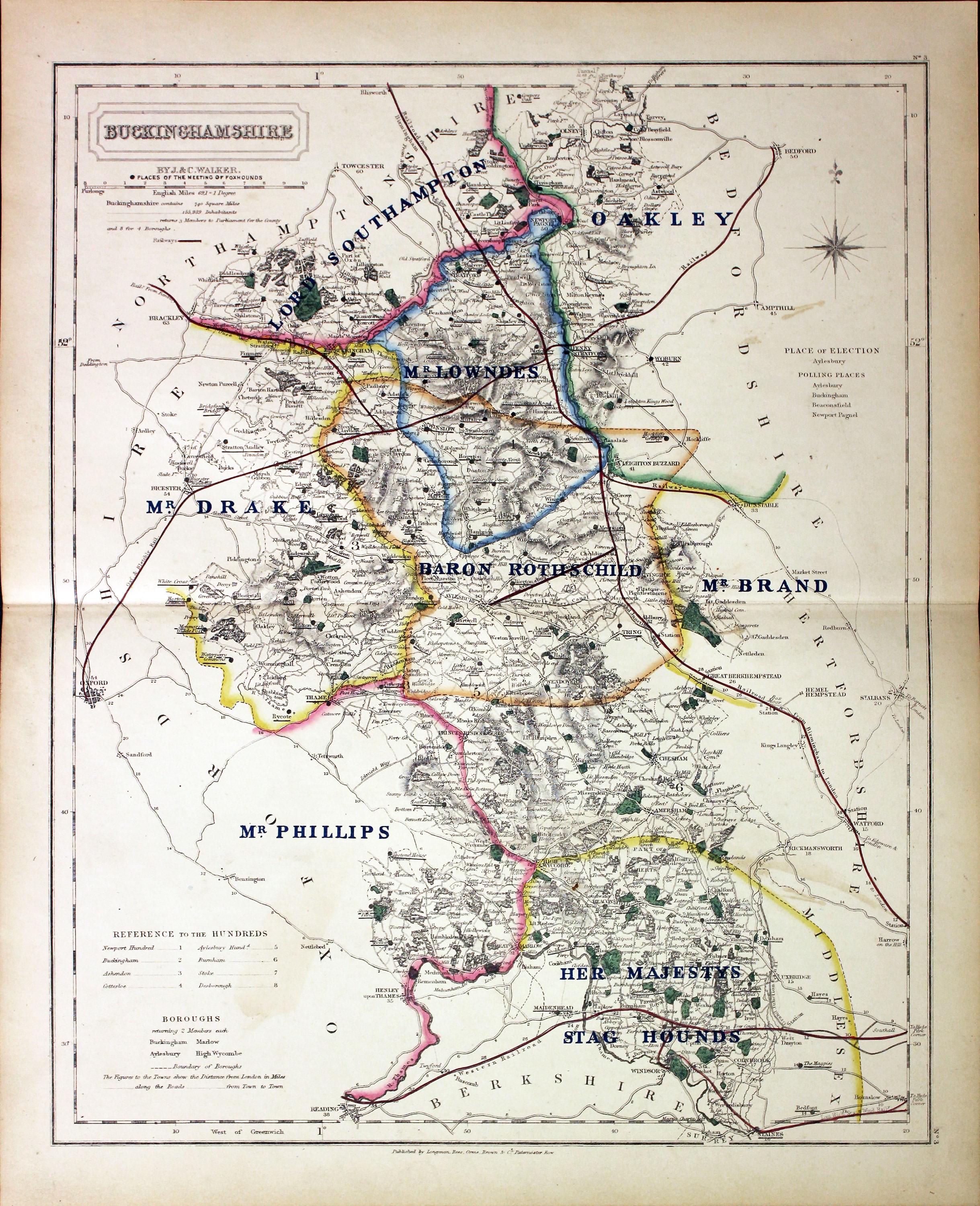 Fox Hunting Map of Buckinghamshire by J. & C. Walker c.1851