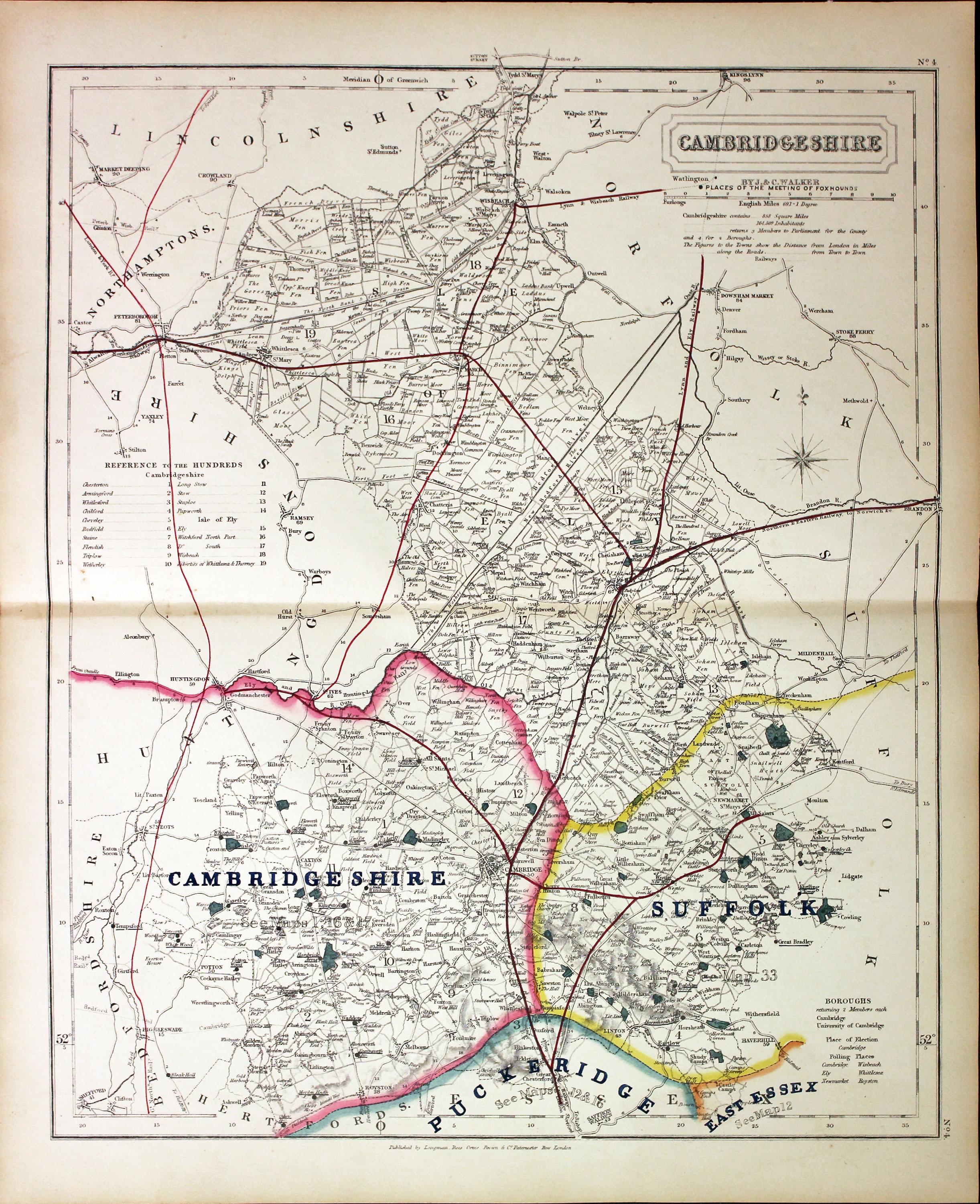 Fox Hunting map of Cambridgeshire by John and Charles Walker c.1851