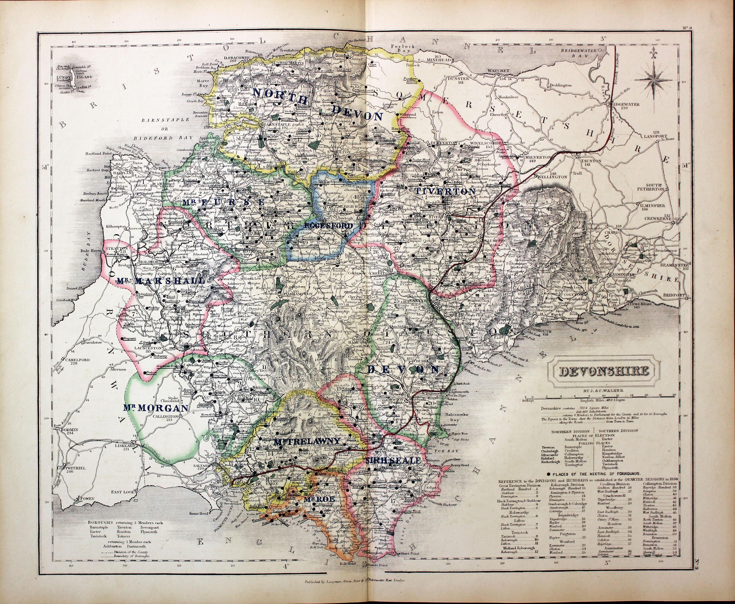 Fox Hunting Map of Devonshire by J. & C. Walker c.1851