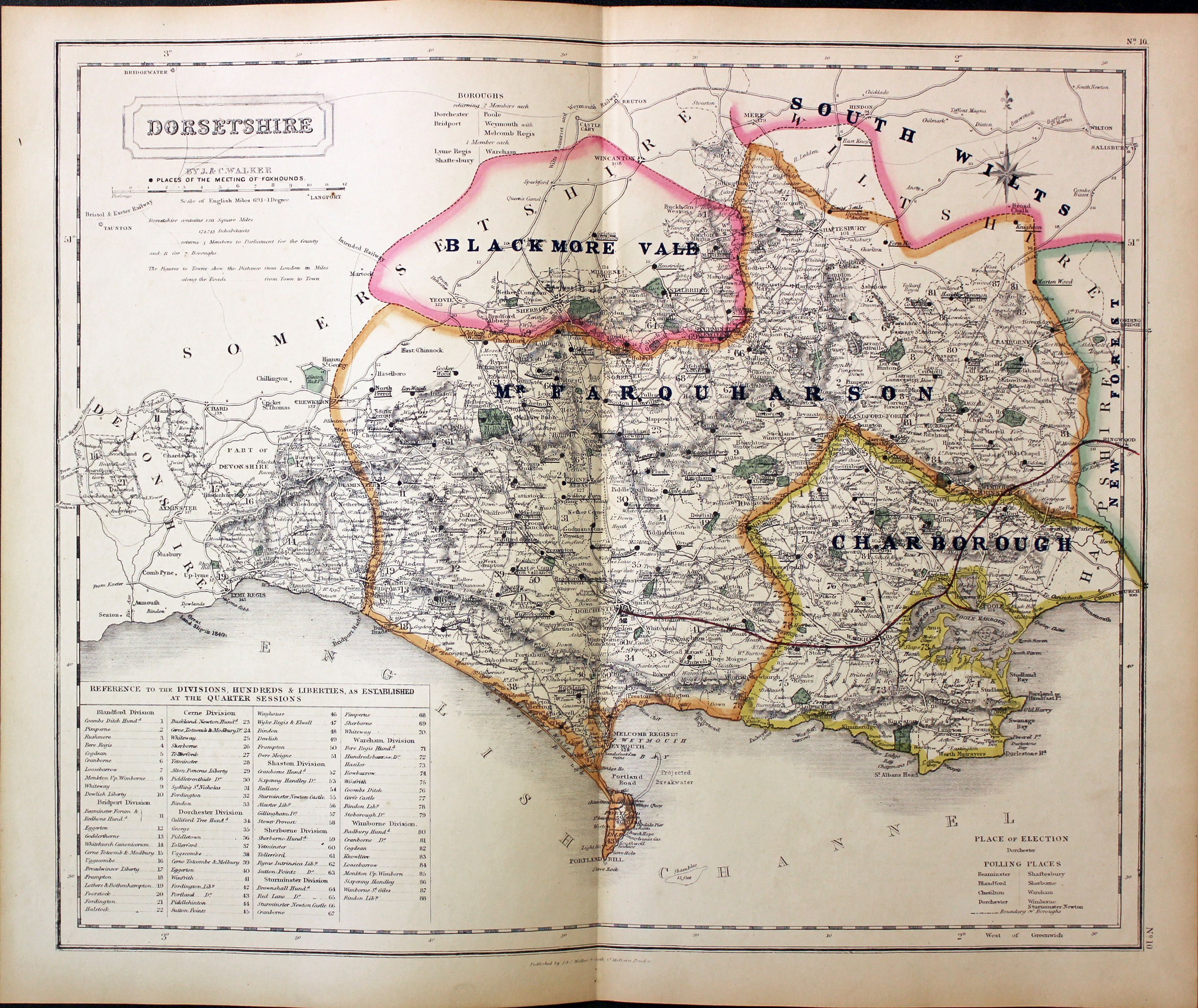 Fox Hunting Map of Dorsetshire by J. & C. Walker c.1851