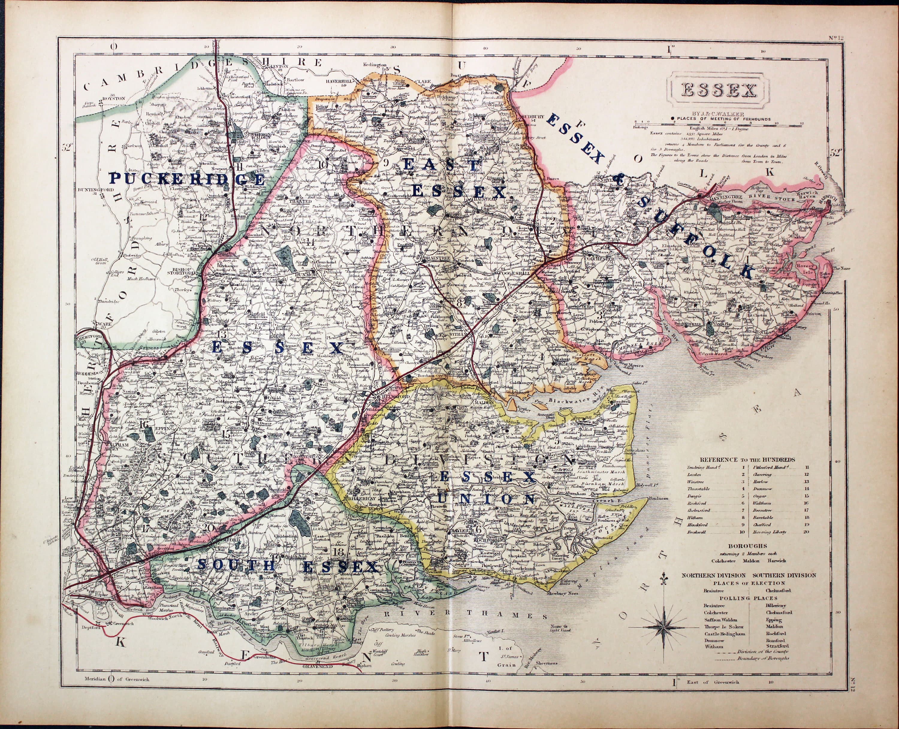 Fox Hunting Map of Essex by J. & C. Walker c.1851
