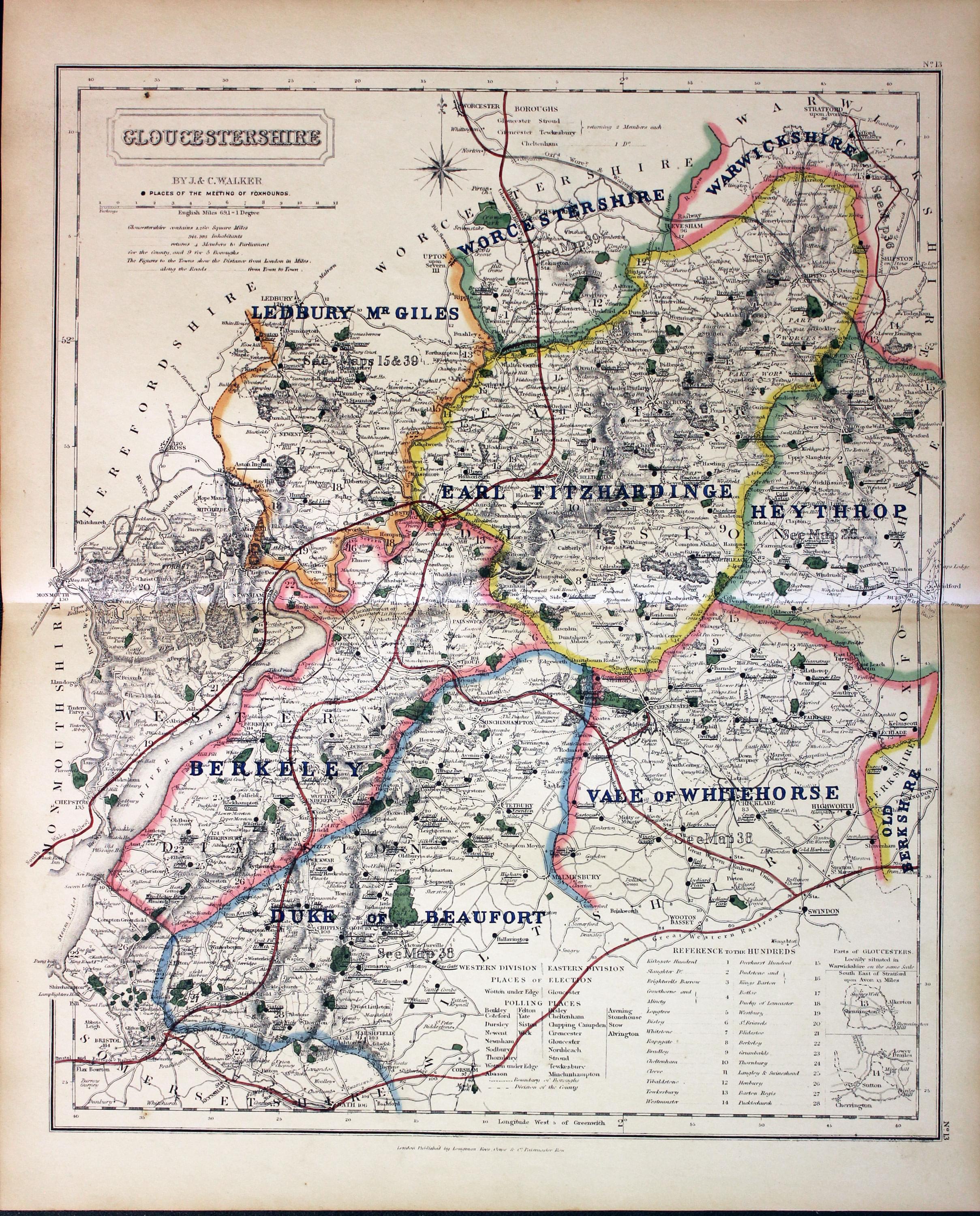 Fox Hunting Map of Gloucestershire by J. & C. Walker c.1851