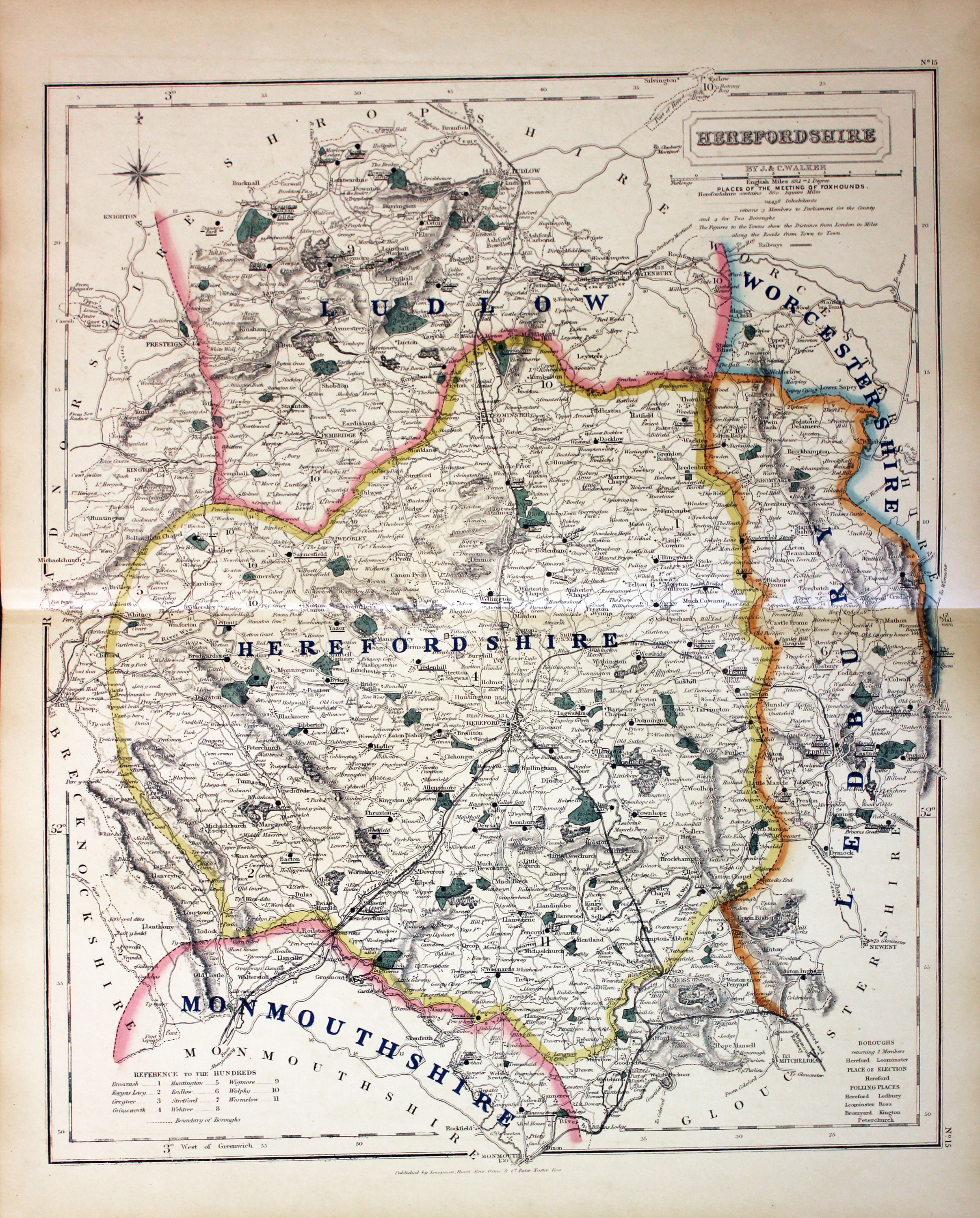 Fox Hunting Map of Herefordshire by J. & C. Walker c.1851