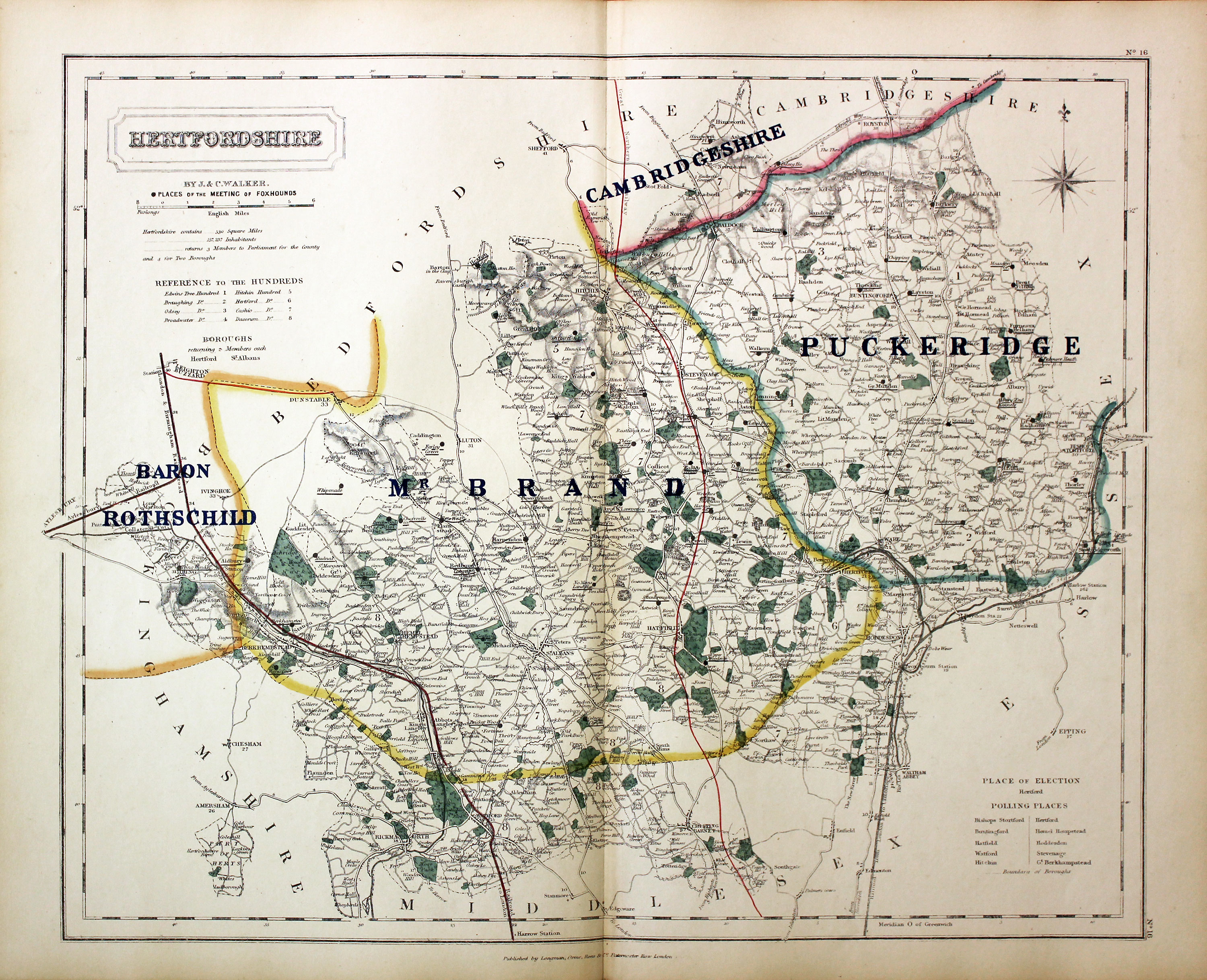 Fox Hunting Map of Hertfordshire by J. & C. Walker c.1851