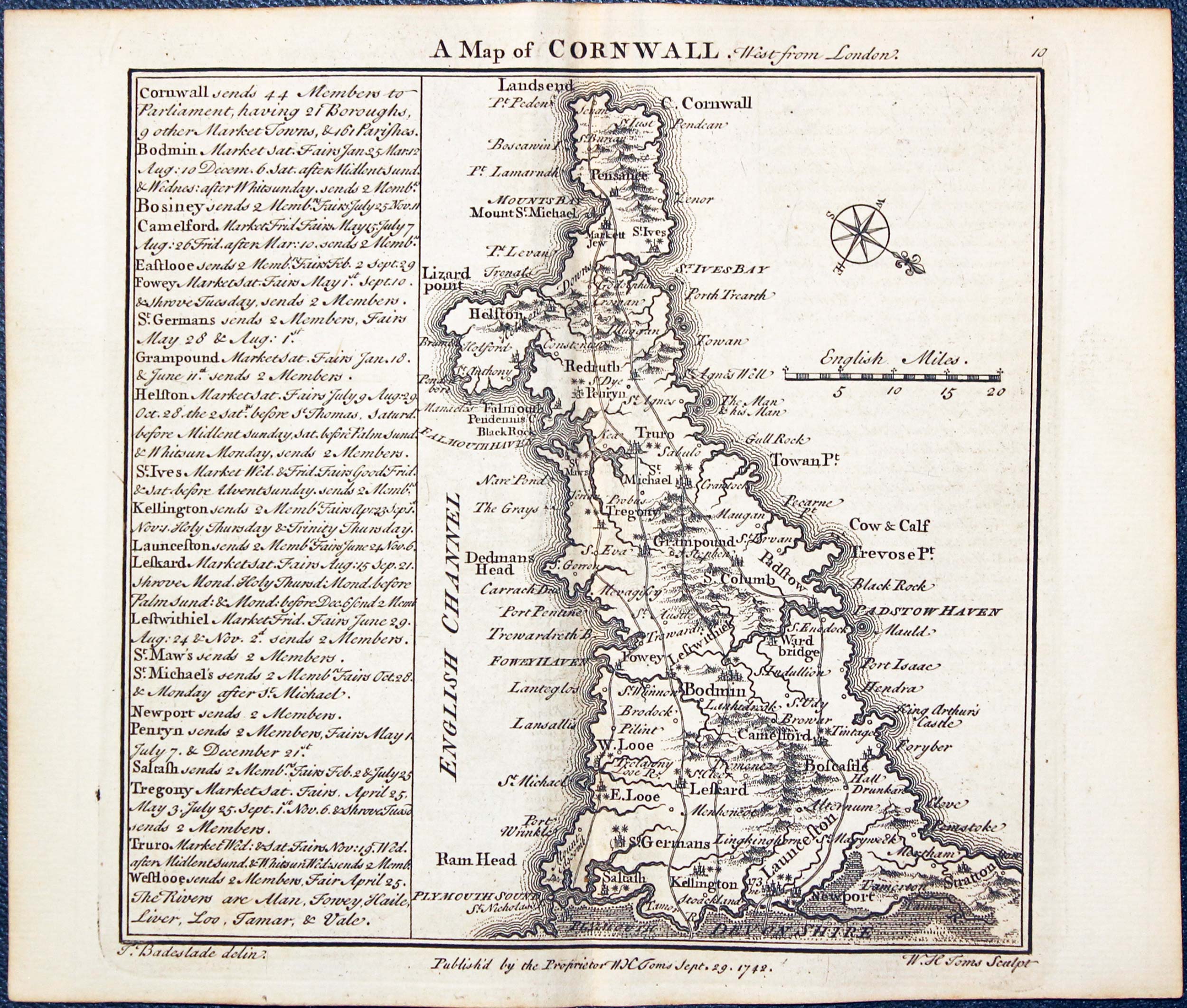 Map of Cornwall W. H. Toms and T.Badeslade 1742  Map of Cornwall W. H. Toms and T.Badeslade 1742