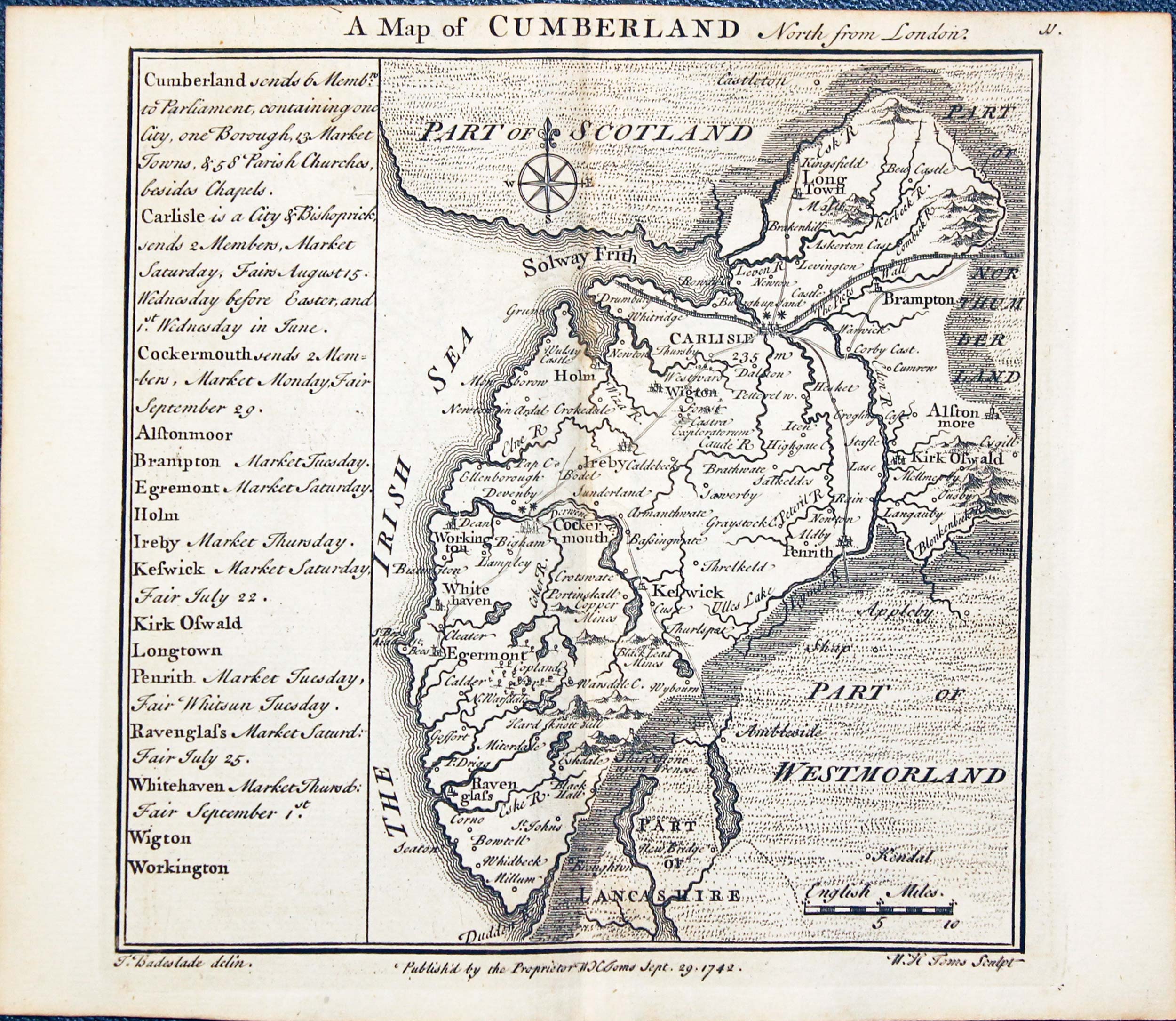 Map of Cumberland W. H. Toms and T.Badeslade 1742  Map of Cumberland W. H. Toms and T.Badeslade 1742