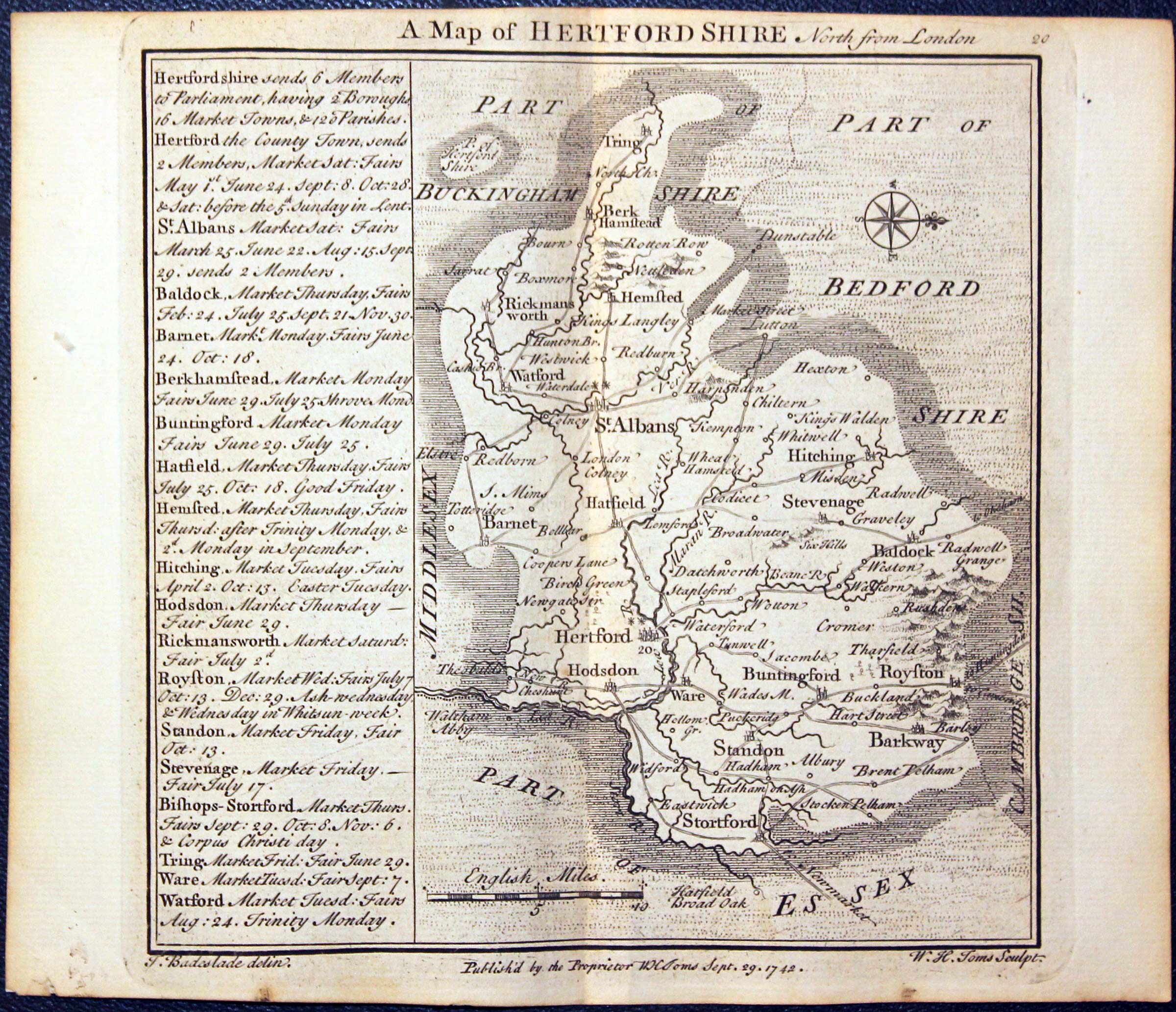 Map of Hertfordshire by W. H. Toms and T.Badeslade 1742  Map of Hertfordshire by W. H. Toms and T.Badeslade 1742