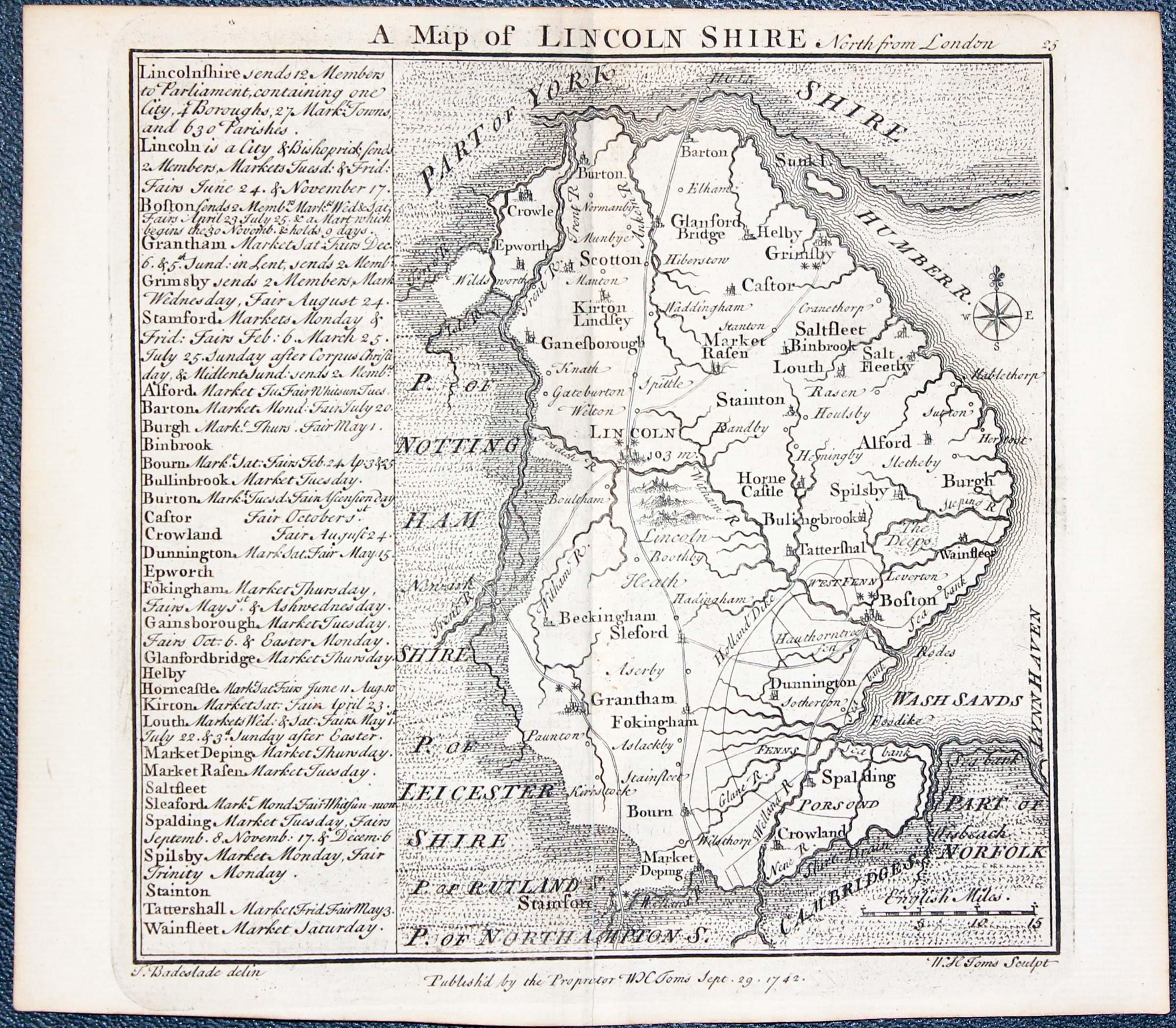 Map of Lincolnshire by W. H. Toms and T.Badeslade 1742  Map of Lincolnshire by W. H. Toms and T.Badeslade 1742