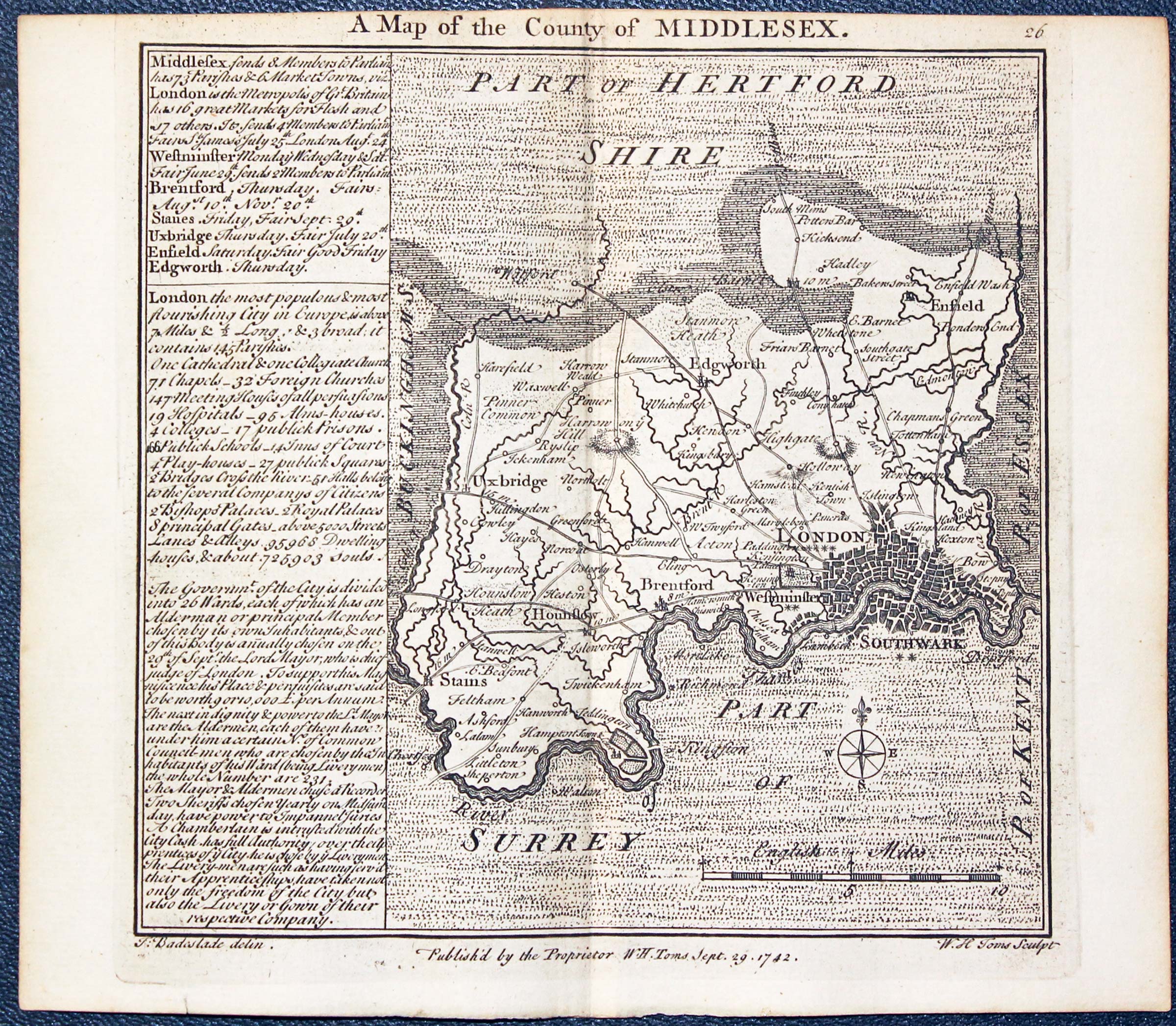 Map of Middlesex by W. H. Toms and T.Badeslade 1742  Map of Middlesex by W. H. Toms and T.Badeslade 1742