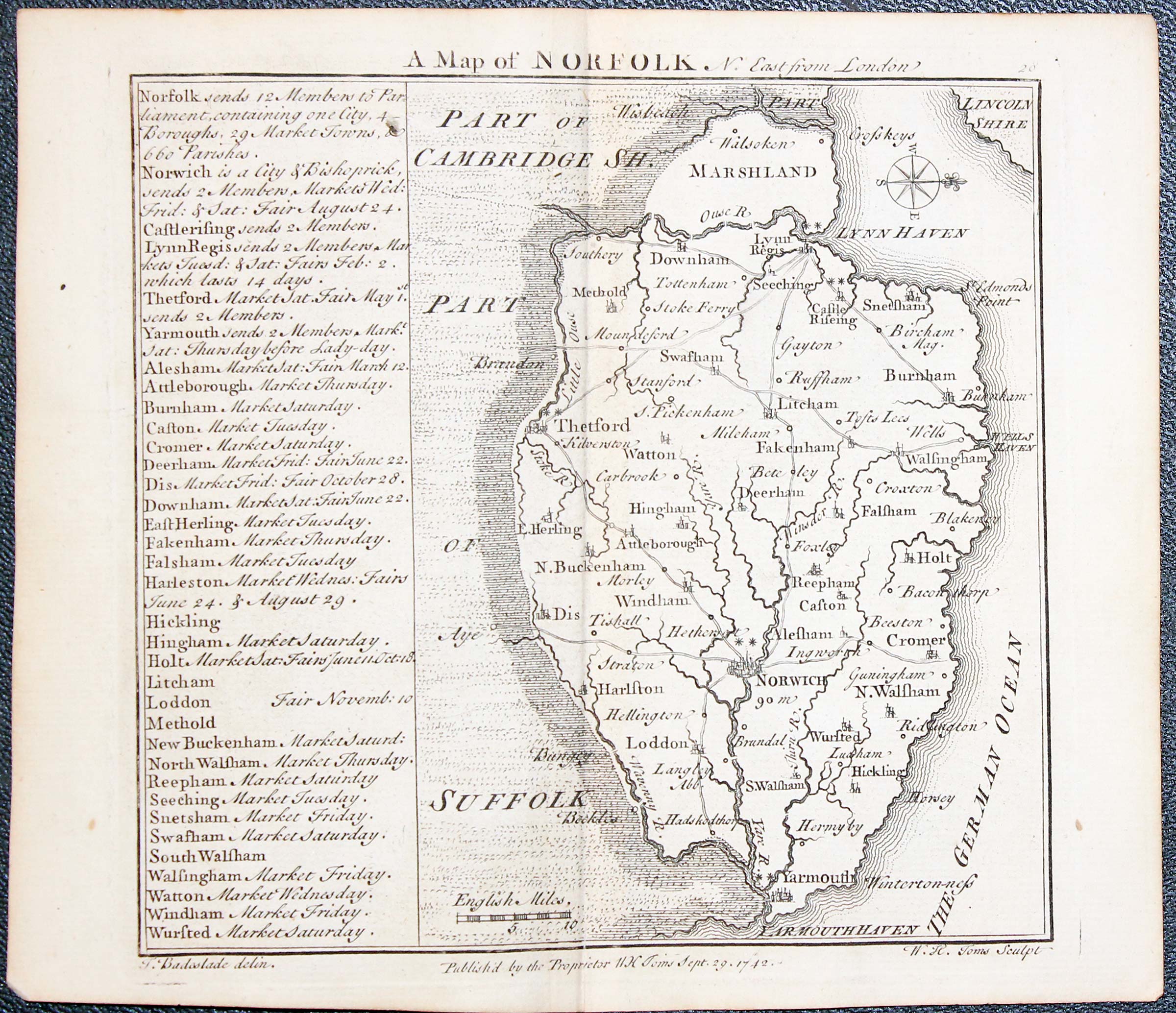 Map of Norfolk by W. H. Toms and T.Badeslade 1742  Map of Norfolk by W. H. Toms and T.Badeslade 1742