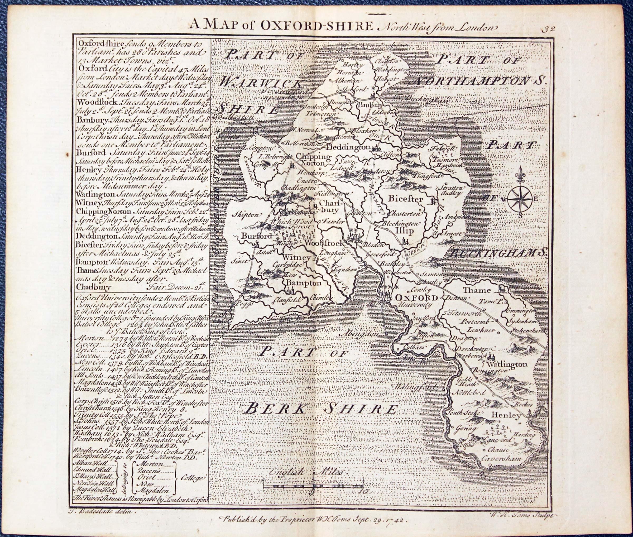 Map of Oxfordshire by W. H. Toms and T.Badeslade 1742  Map of Oxfordshire by W. H. Toms and T.Badeslade 1742