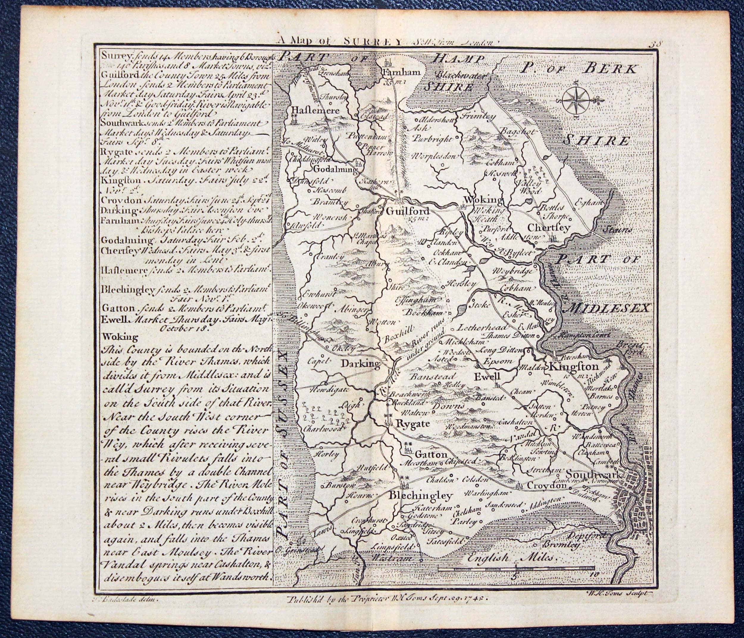 Map of Surrey by W. H. Toms and T.Badeslade 1742  Map of Surrey by W. H. Toms and T.Badeslade 1742