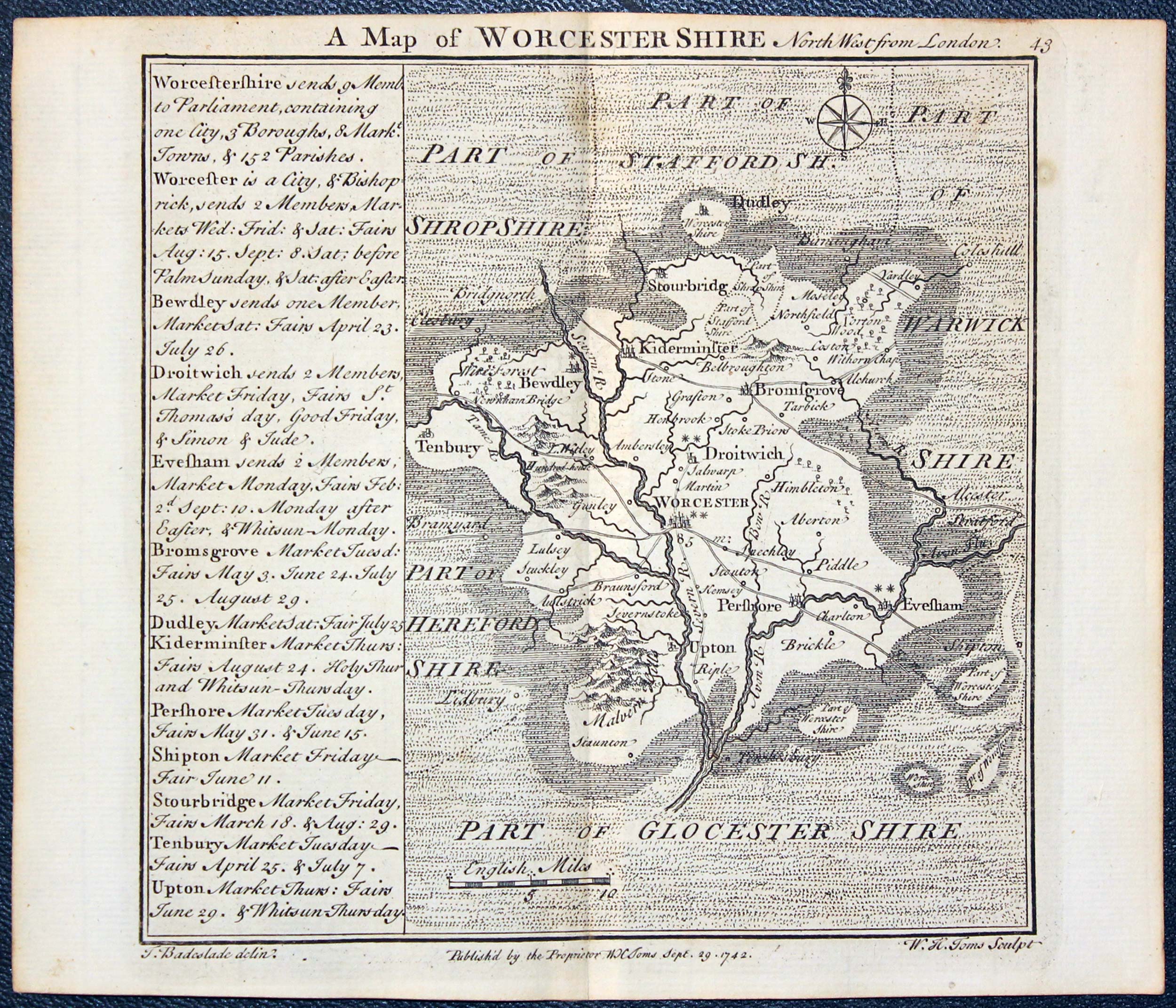 Map of Worcestershire by W. H. Toms and T.Badeslade 1742  Map of Worcestershire by W. H. Toms and T.Badeslade 1742