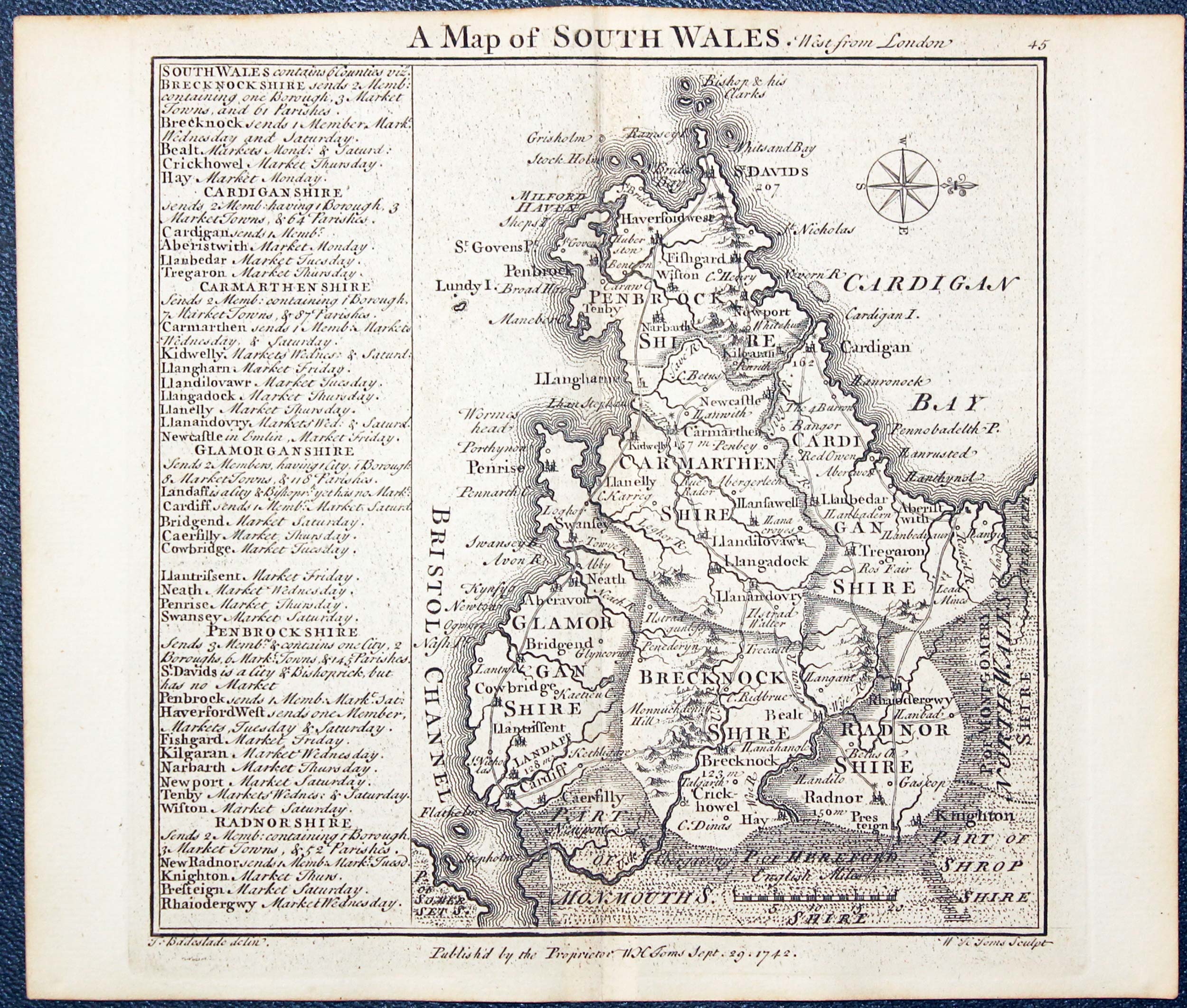 Map of South Wales by W. H. Toms and T.Badeslade 1742  Map of South Wales by W. H. Toms and T.Badeslade 1742
