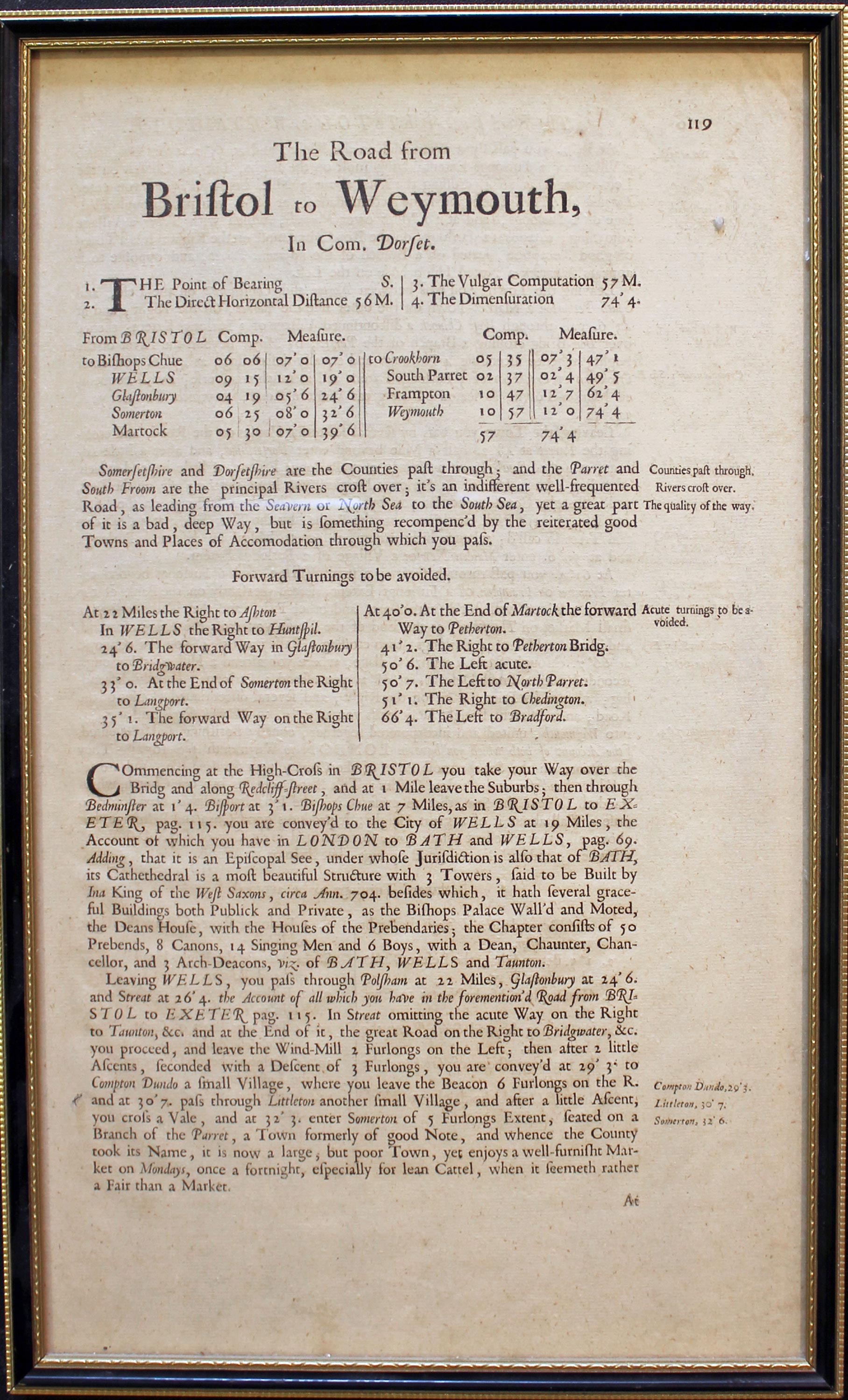 Bristol to Weymouth Text, John Ogilby 1675  Bristol to Weymouth Text, John Ogilby 1675