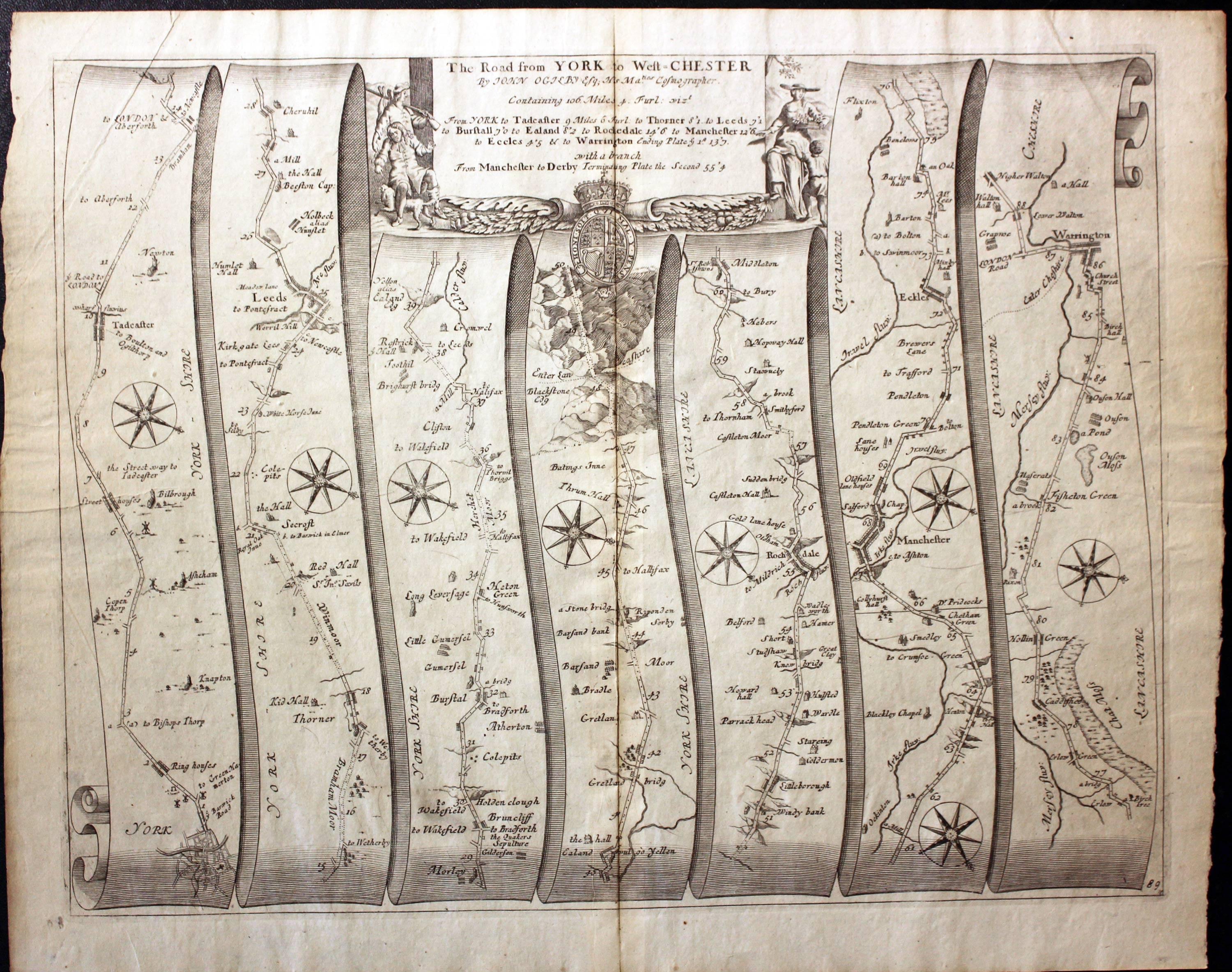Ogilby Road Map York, Leeds, Rochdale, Manchester, Warrington 1698