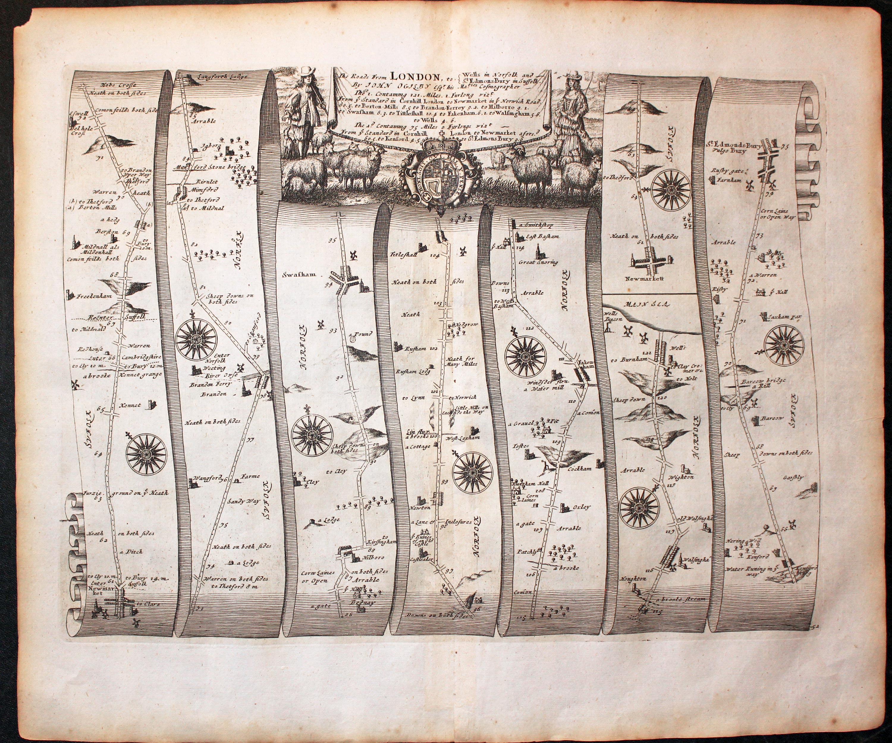 Plate 52 Newmarket to Bury St. Edmunds John Ogilby Road Map 1675  Plate 52 Newmarket to Bury St. Edmunds John Ogilby Road Map 1675