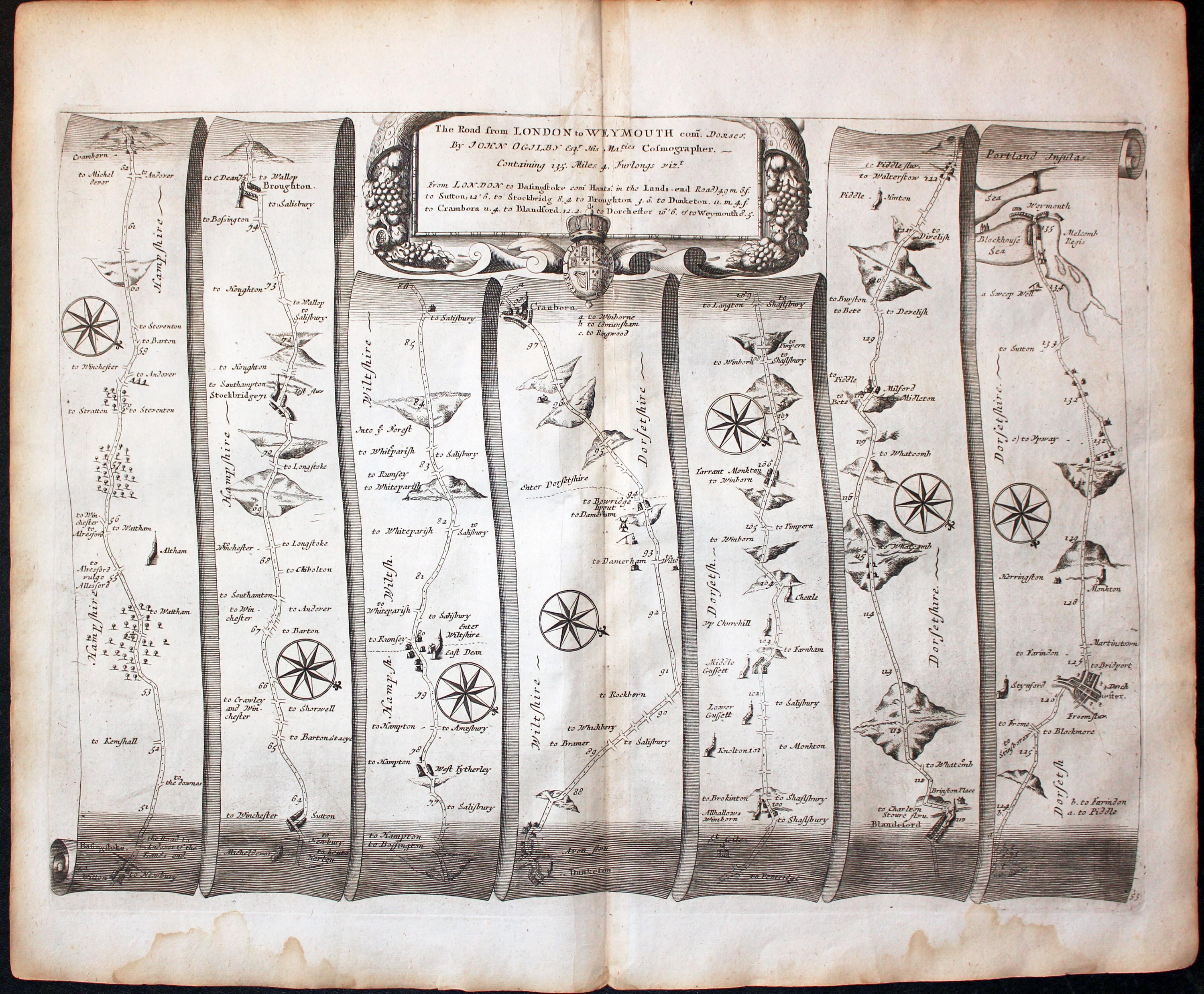 Plate 53 London to Weymouth John Ogilby Road Map 1675  Plate 53 London to Weymouth John Ogilby Road Map 1675
