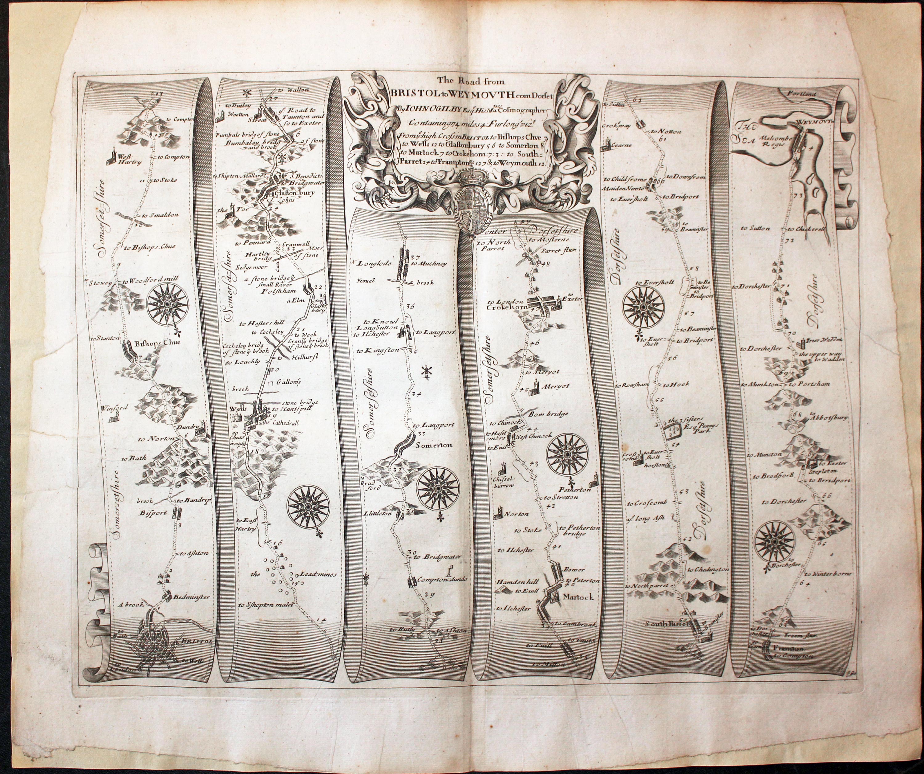 Plate 60 Bristol to Weymouth John Ogilby Road Map 1675  Plate 60 Bristol to Weymouth John Ogilby Road Map 1675