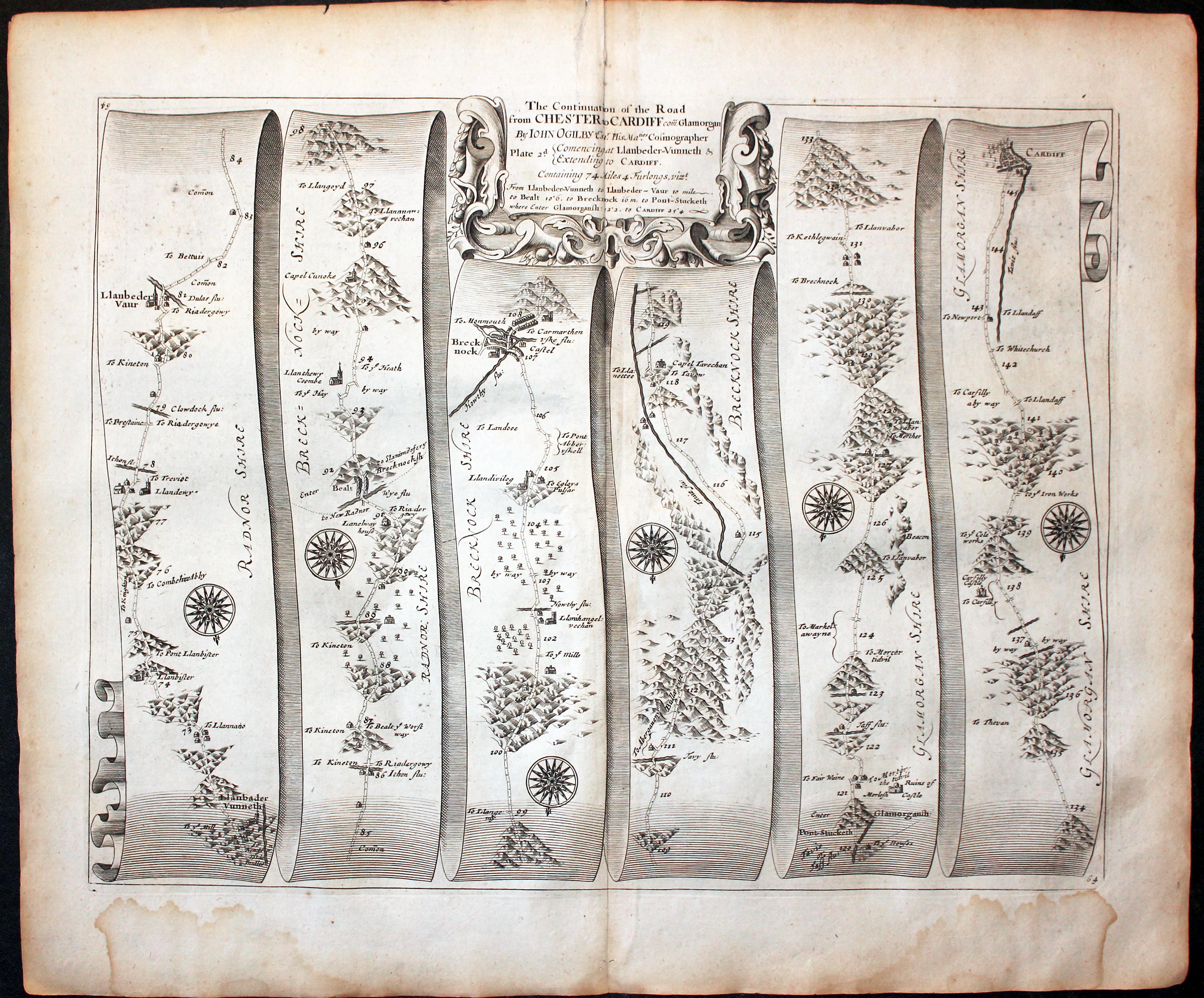 Plate 64 Chester to Cardiff John Ogilby Road Map 1675  Plate 64 Chester to Cardiff John Ogilby Road Map 1675