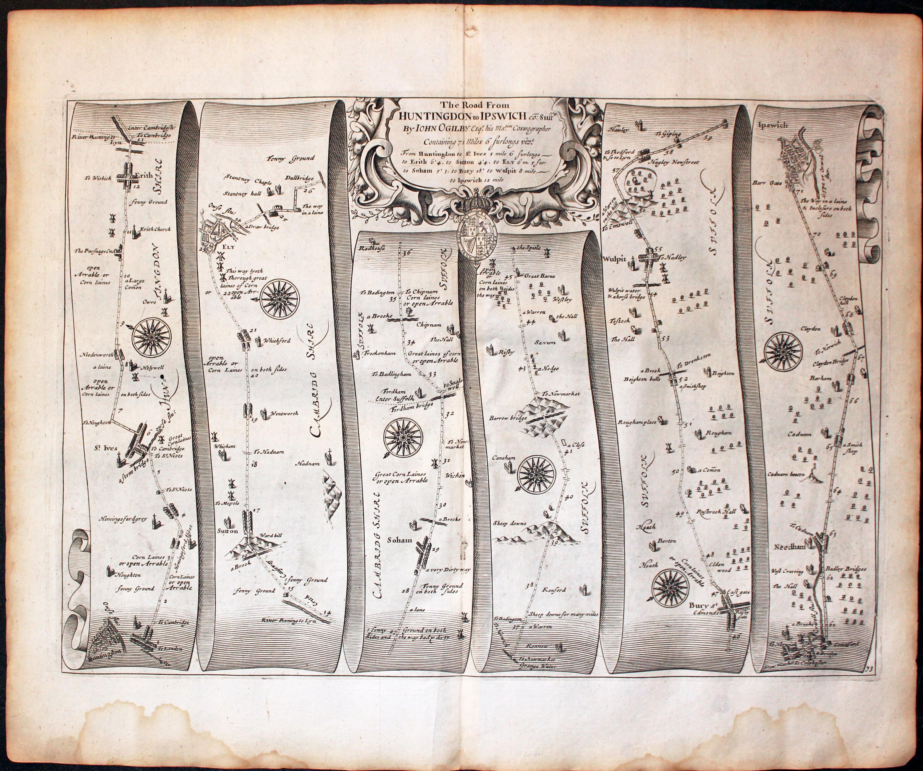 Plate 73 Huntingdon to Ipswich John Ogilby Road Map 1675  Plate 73 Huntingdon to Ipswich John Ogilby Road Map 1675