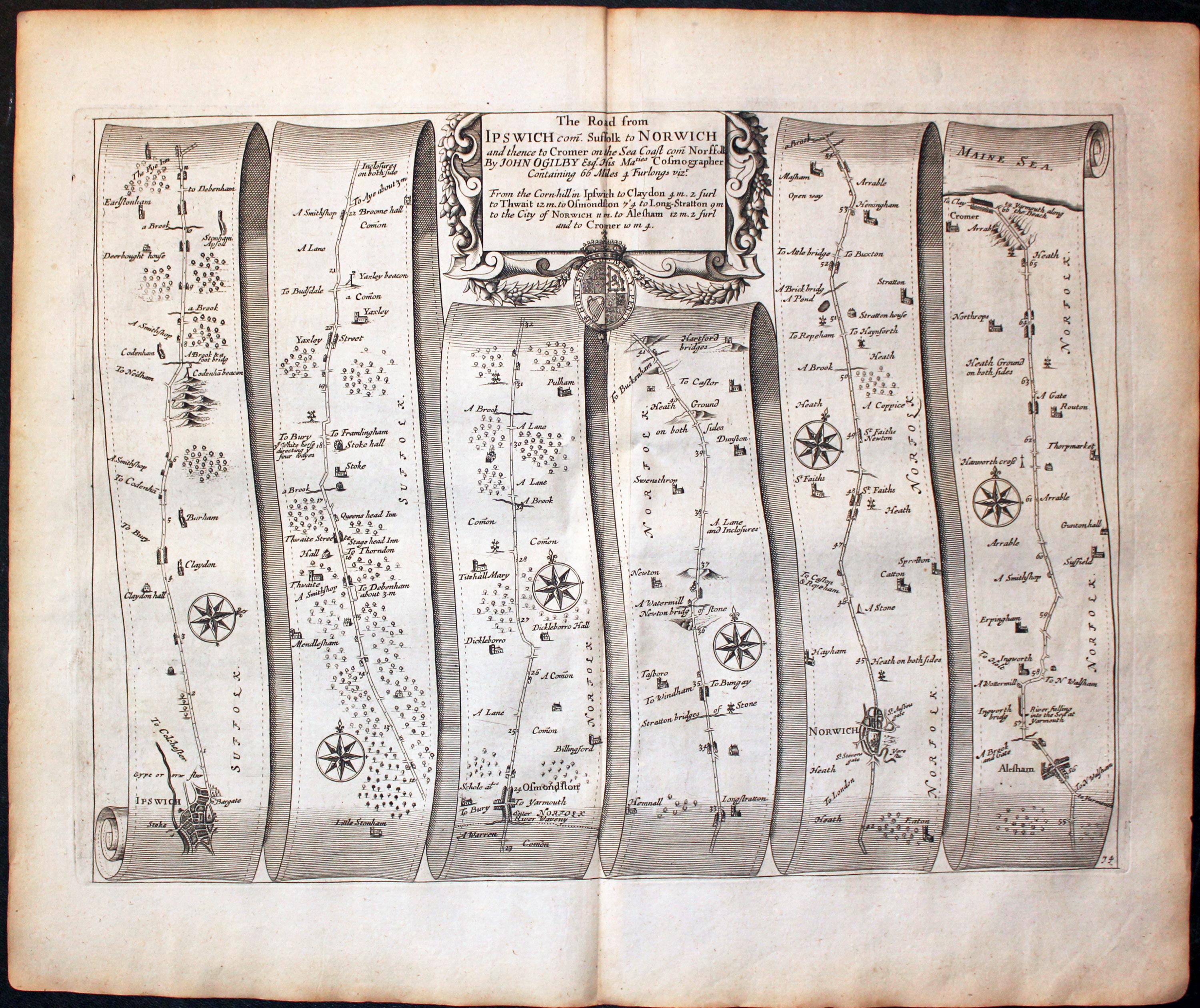 Plate 74 Ipswich to Norwich John Ogilby Road Map 1675  Plate 74 Ipswich to Norwich John Ogilby Road Map 1675