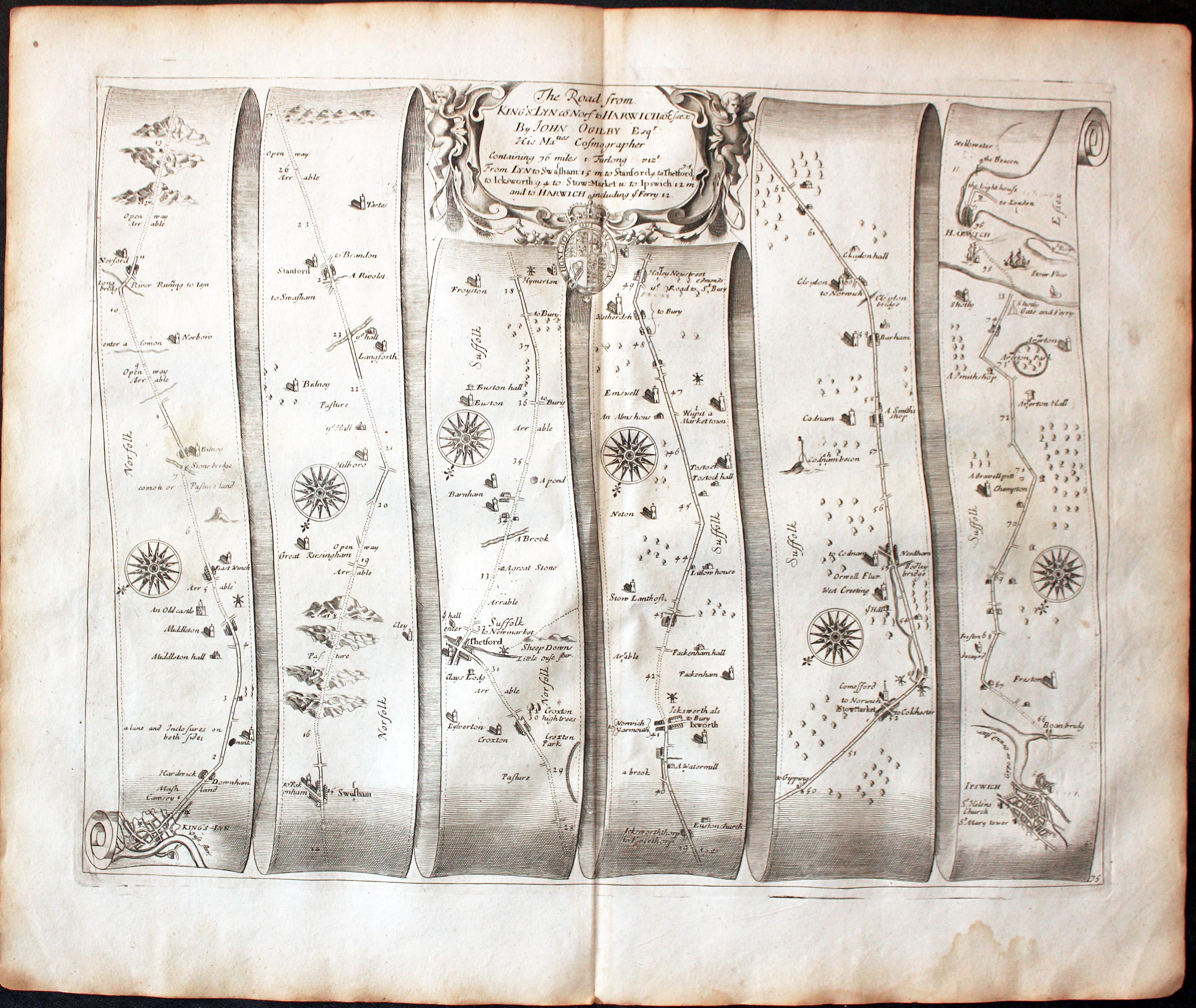 Plate 75 King's Lynn to Harwich John Ogilby Road Map 1675  Plate 75 King's Lynn to Harwich John Ogilby Road Map 1675