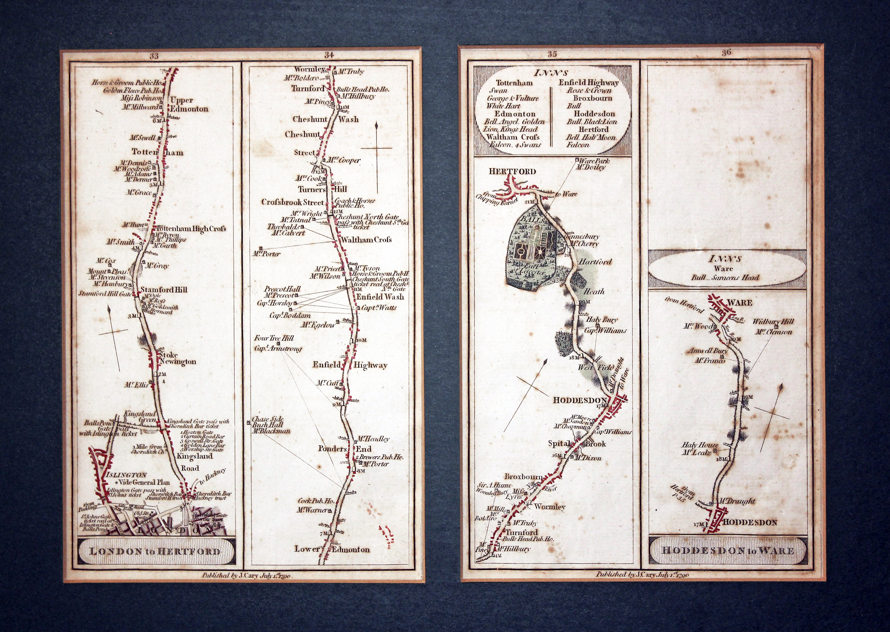Road Map London to Hertford John Cary 1790  Road Map London to Hertford John Cary 1790
