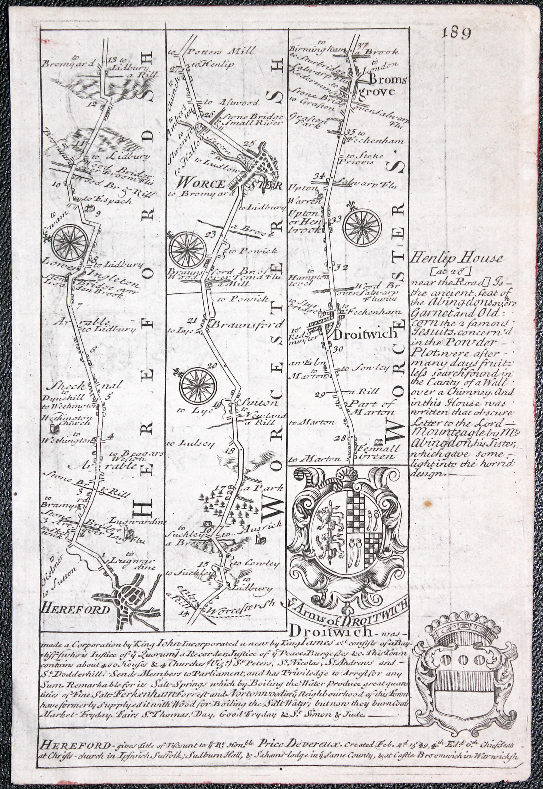 Road map Gloucester, Campden, Stratford, Warwick, Coventry Owen/Bowen c.1730