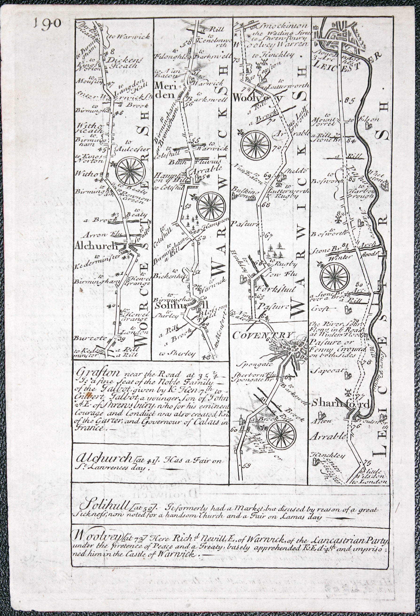 Road map Hereford to Leicester Owen/Bowen c.1730