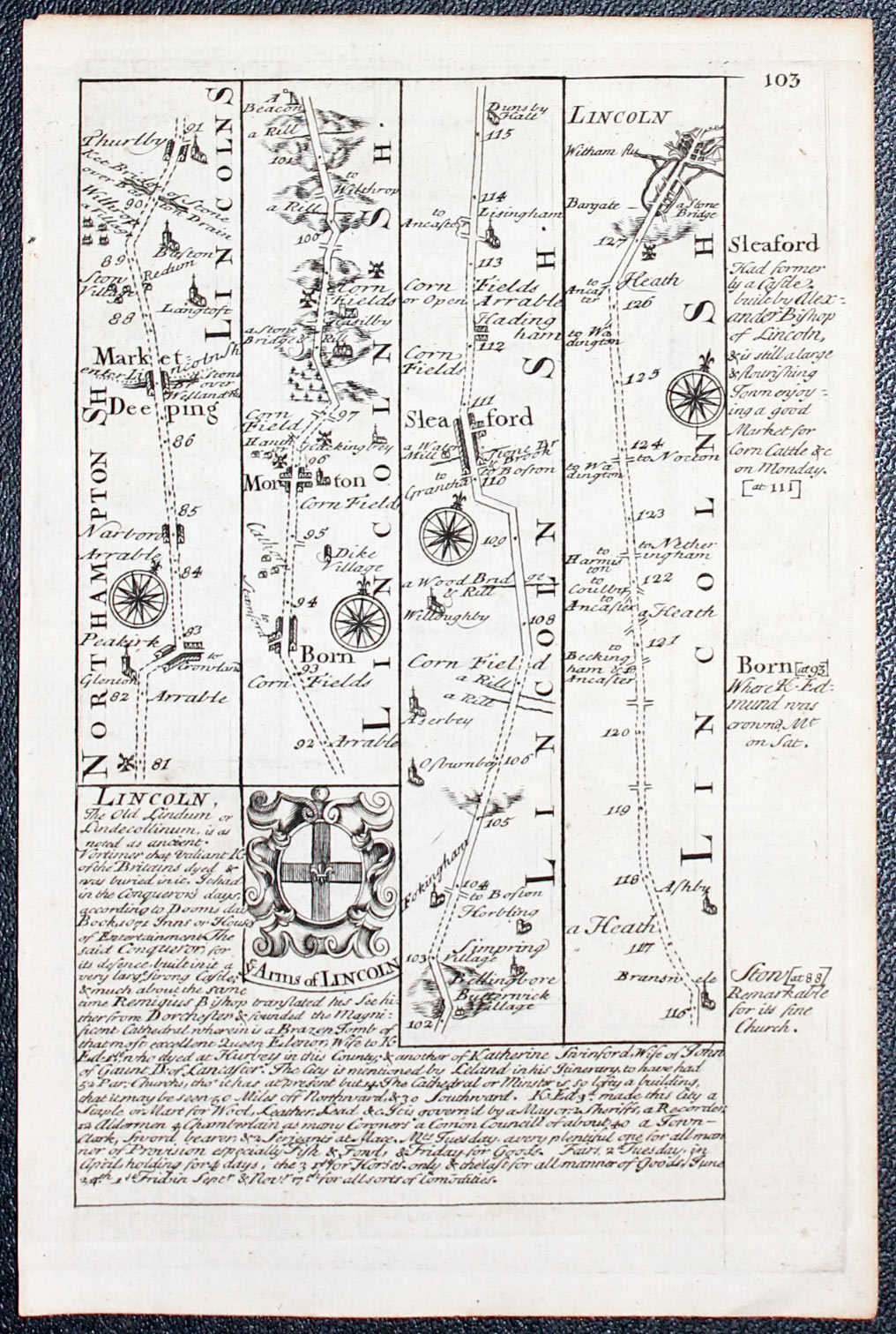 Road map Market Deeping to Lincoln. Owen/Bowen c.1730