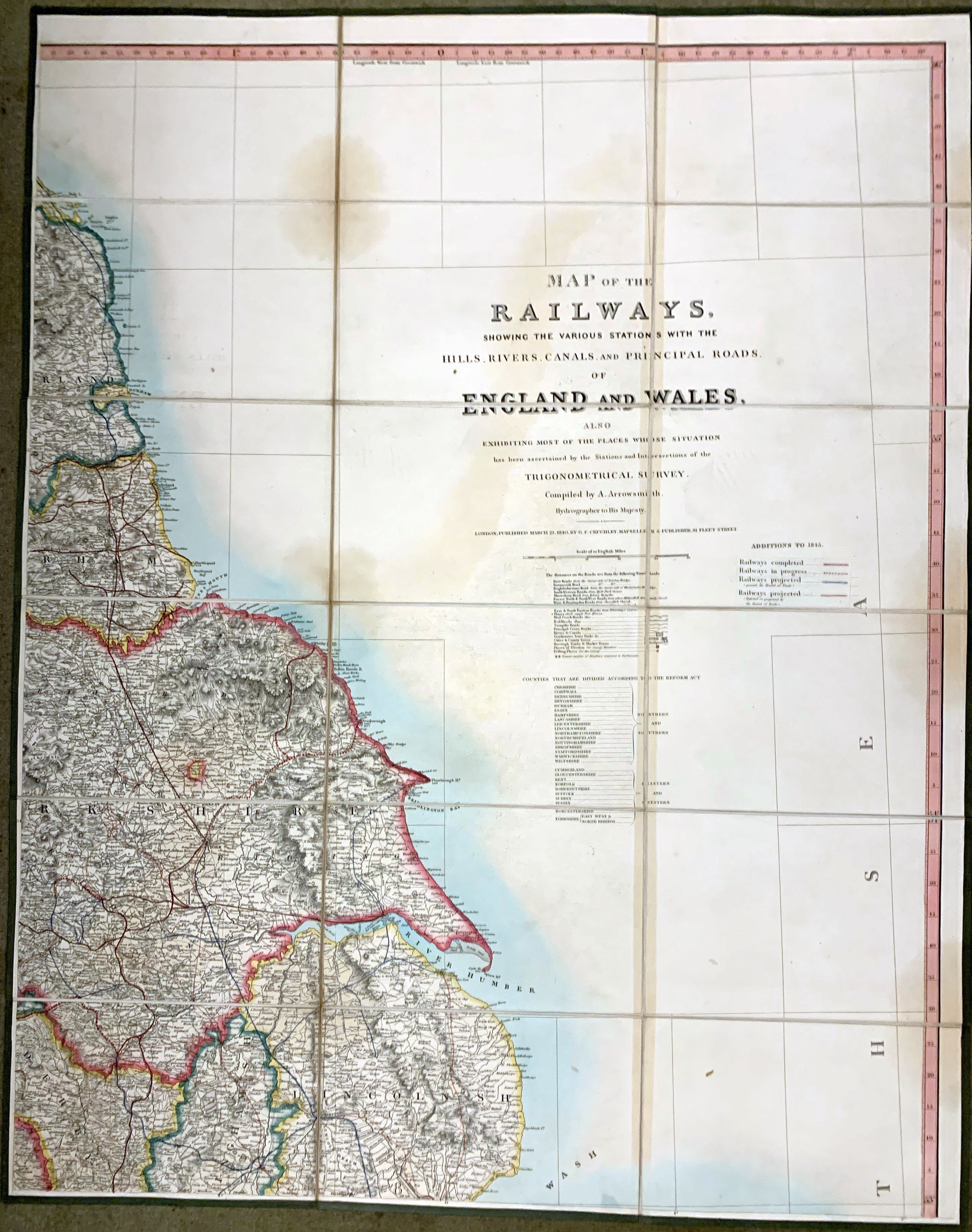 Large folding map of north east sheet England and Wales - Railways Aaron Arrowsmith 1840