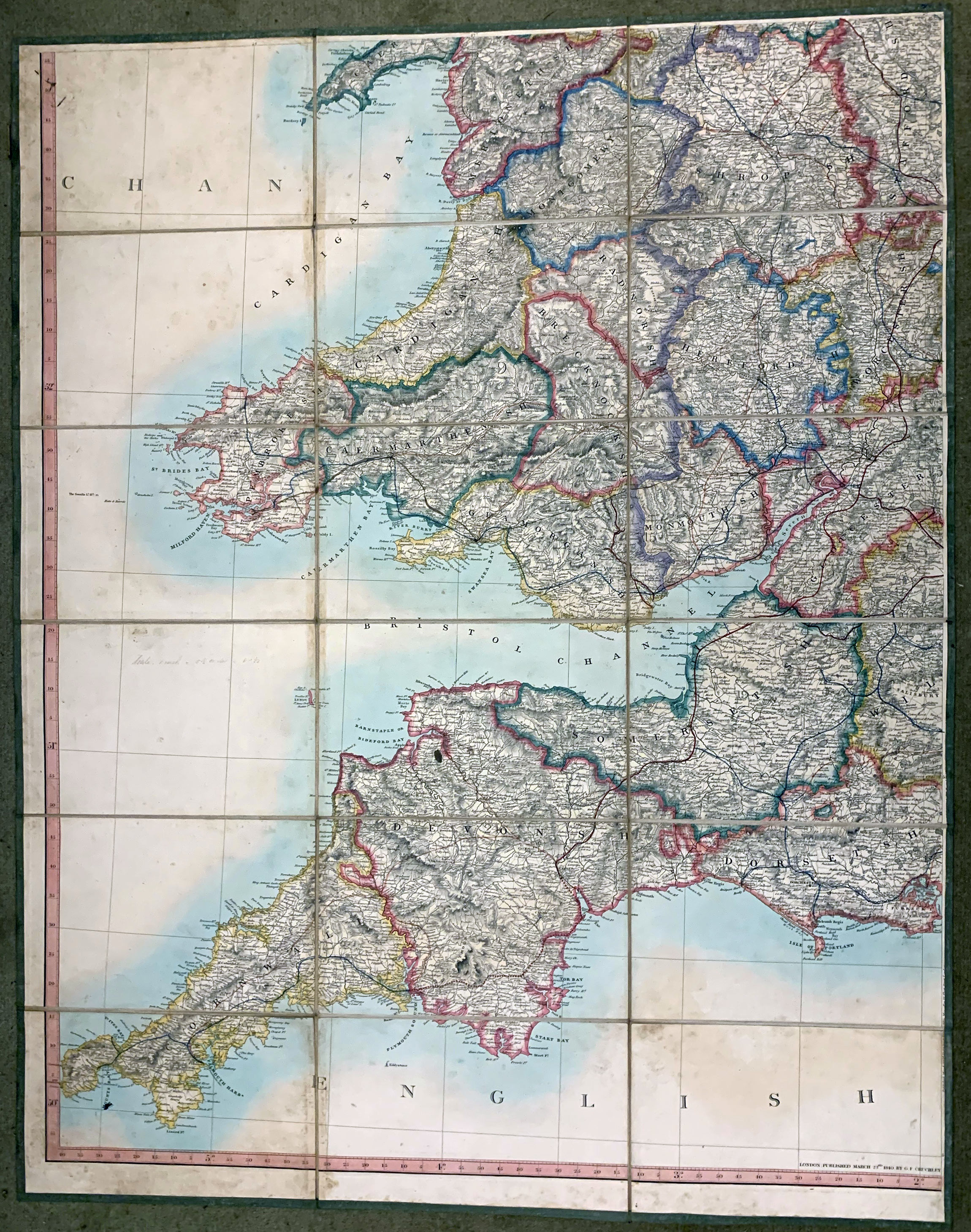 Large folding map of south east west England and Wales - Railways Aaron Arrowsmith 1840