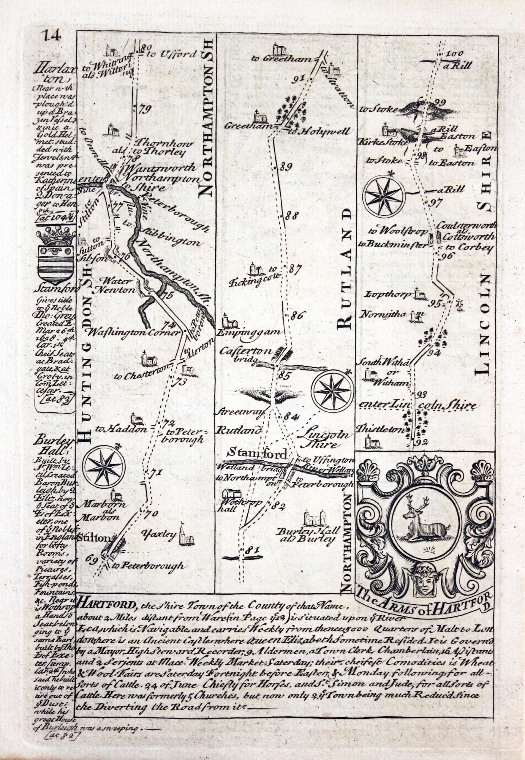 Road map Stilton to Stamford by John Owen and Emanuel Bowen 1753  Road map Stilton to Stamford by John Owen and Emanuel Bowen 1753