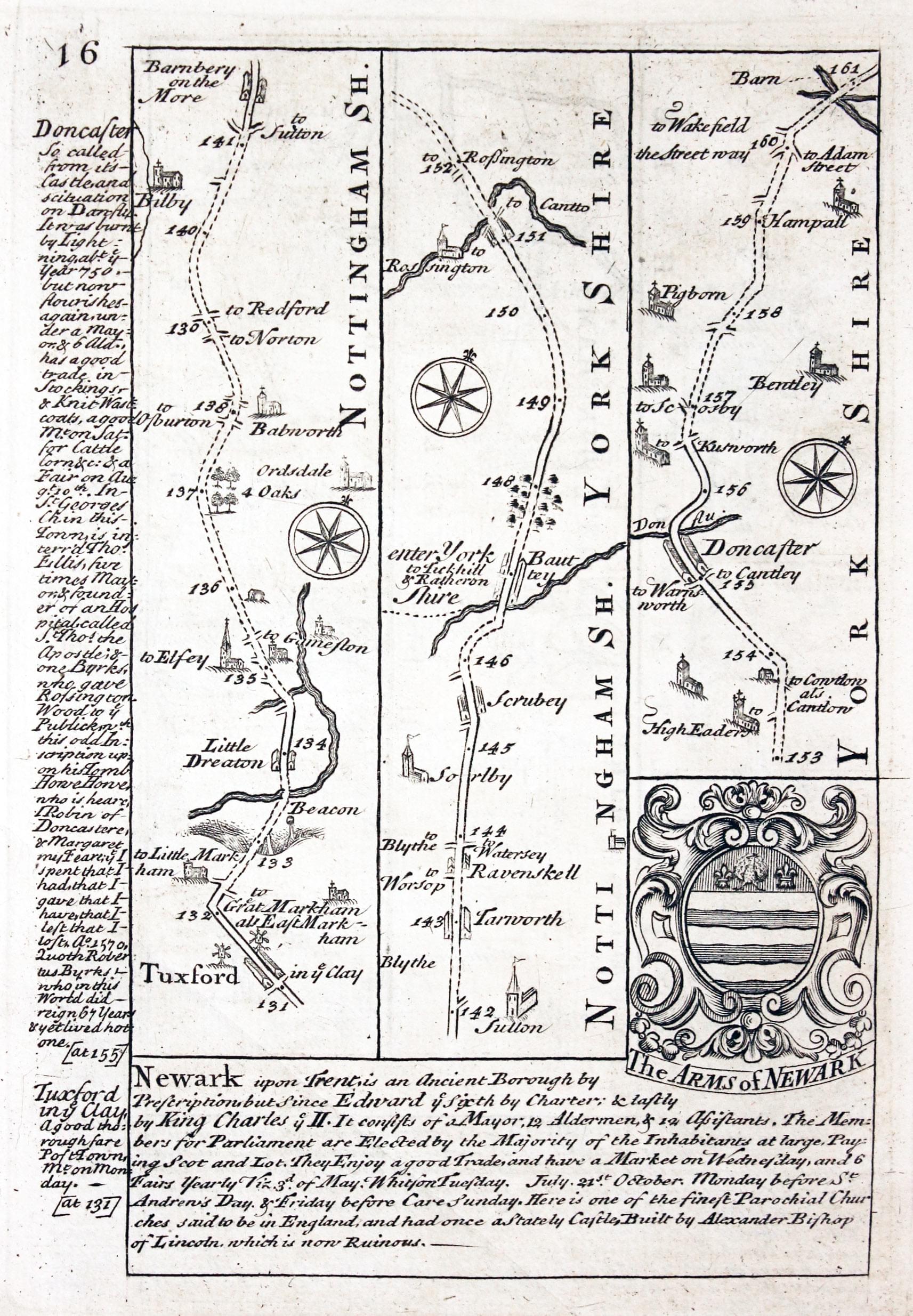Road map Tuxford to Doncaster by John Owen and Emanuel Bowen 1753  Road map Tuxford to Doncaster by John Owen and Emanuel Bowen 1753