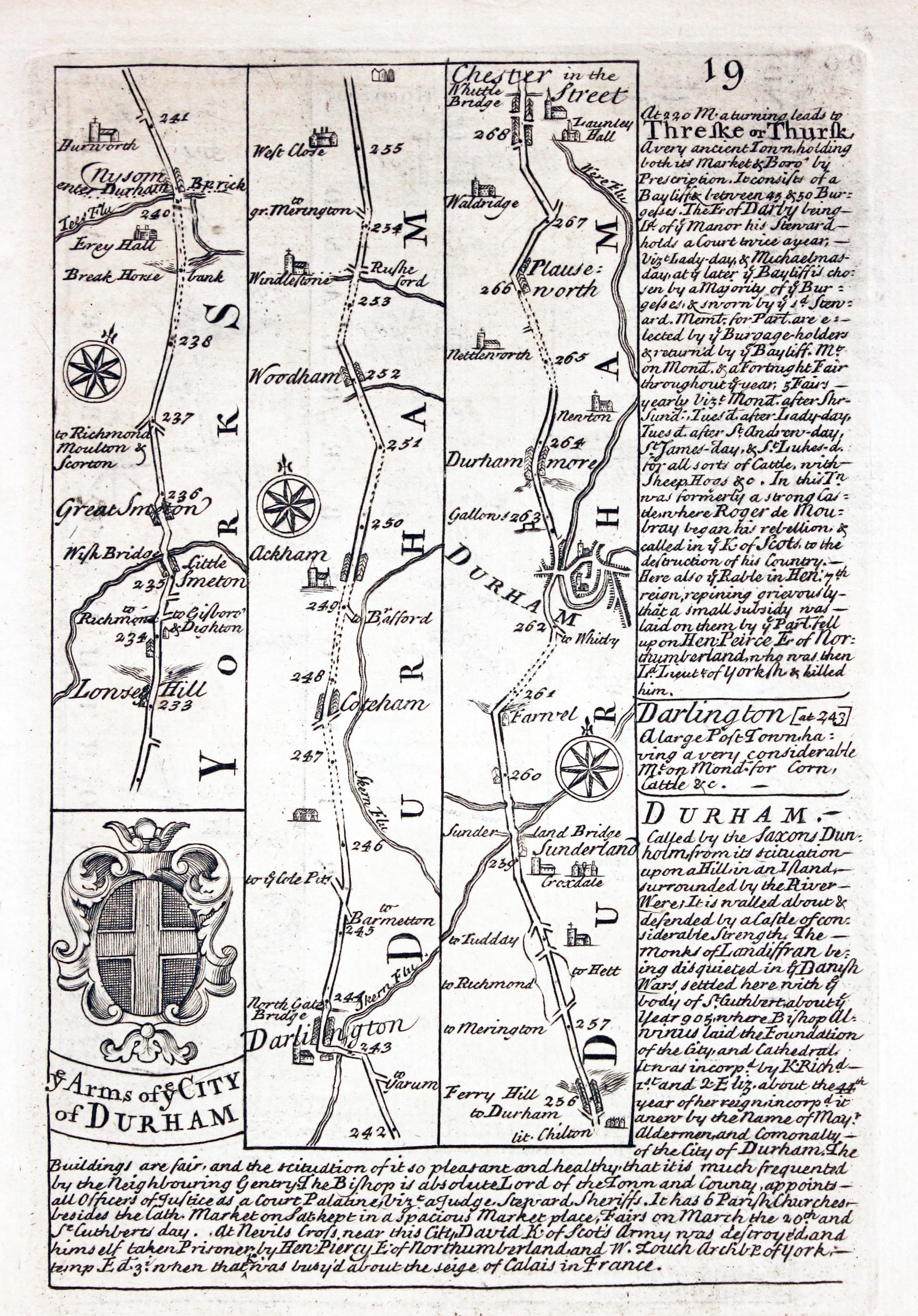Road map Darlington to Durham and Cheter-le-Street by John Owen and Emanuel Bowen 1753  Road map Darlington to Durham and Cheter-le-Street by John Owen and Emanuel Bowen 1753