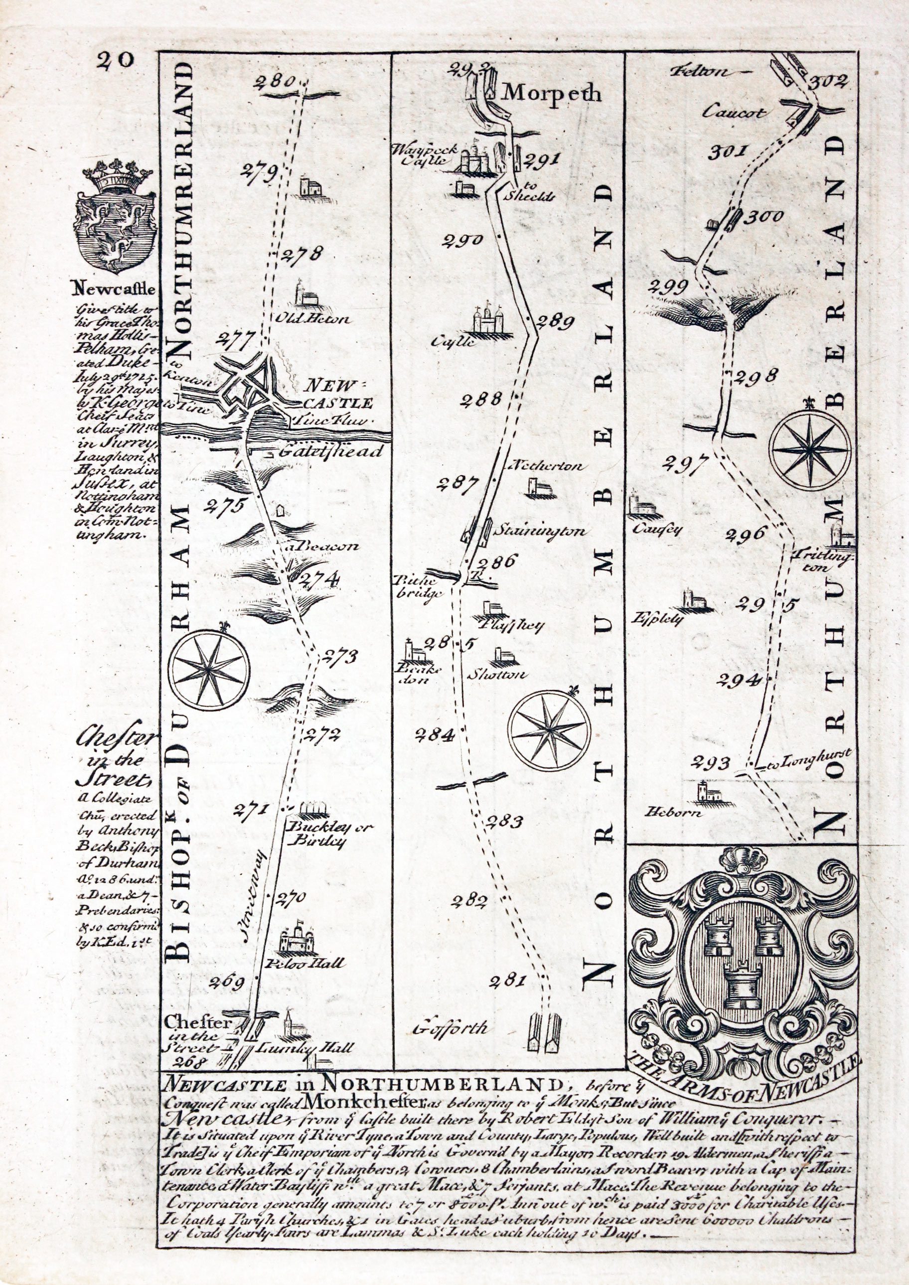 Road map Cheter-le-Street to Newcastle and Morpeth by John Owen and Emanuel Bowen 1753  Road map Cheter-le-Street to Newcastle and Morpeth by John Owen and Emanuel Bowen 1753