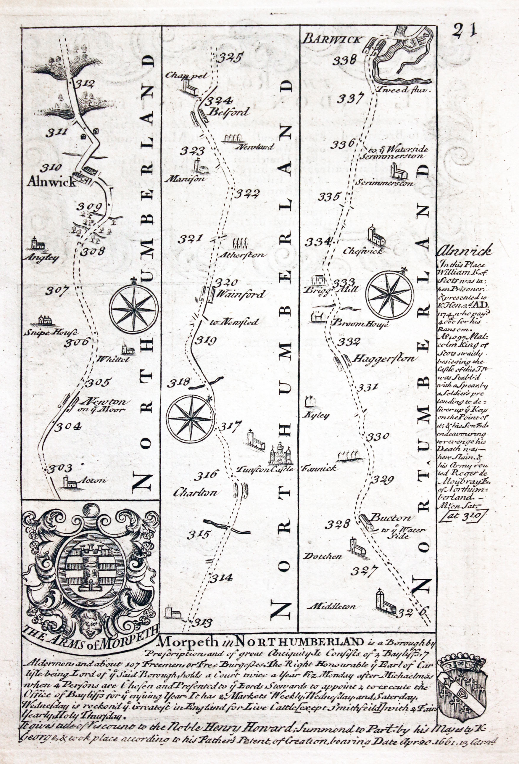 Road map Alwick to Berwick on Tweed by John Owen and Emanuel Bowen 1753  Road map Alwick to Berwick on Tweed by John Owen and Emanuel Bowen 1753