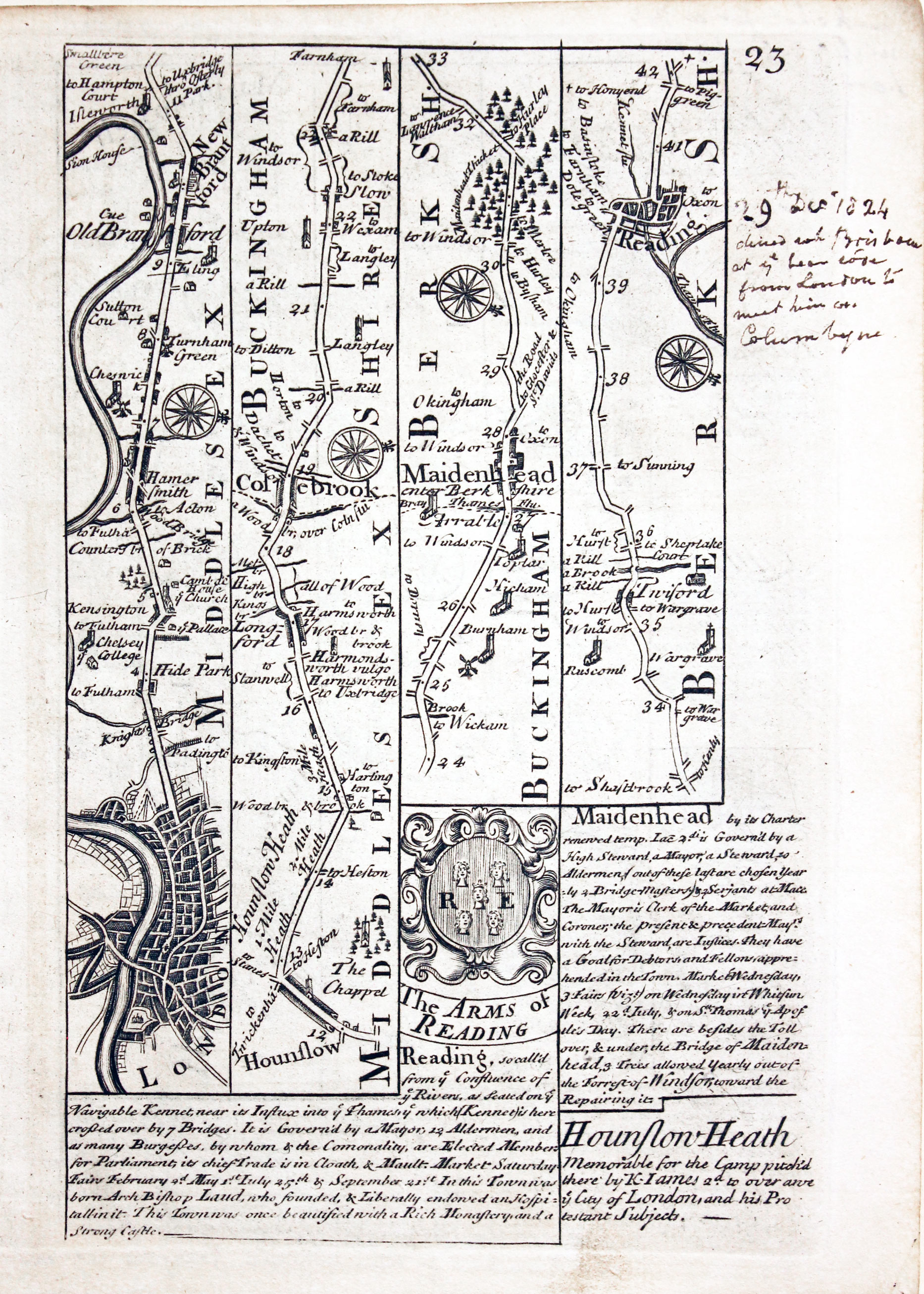 Road map London to Maidenhead and Reading by John Owen and Emanuel Bowen 1753  Road map London to Maidenhead and Reading by John Owen and Emanuel Bowen 1753