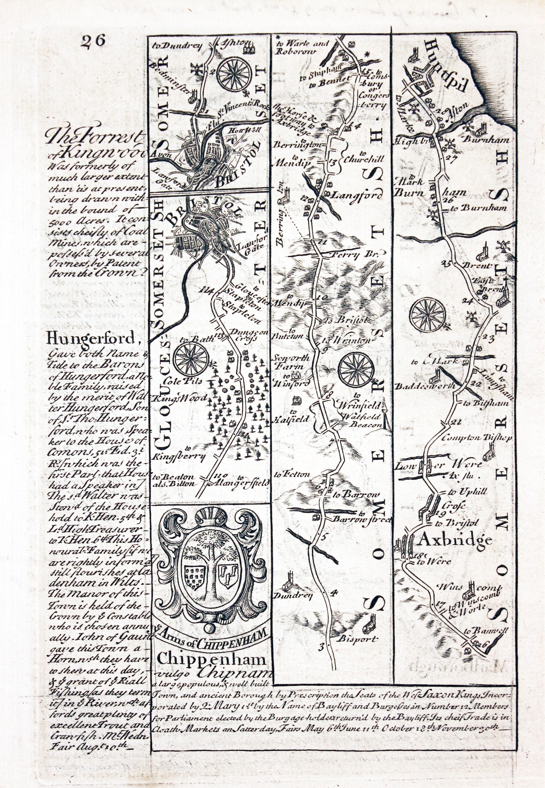 Road map Bristol to Huntspil by John Owen and Emanuel Bowen 1753  Road map Bristol to Huntspil by John Owen and Emanuel Bowen 1753