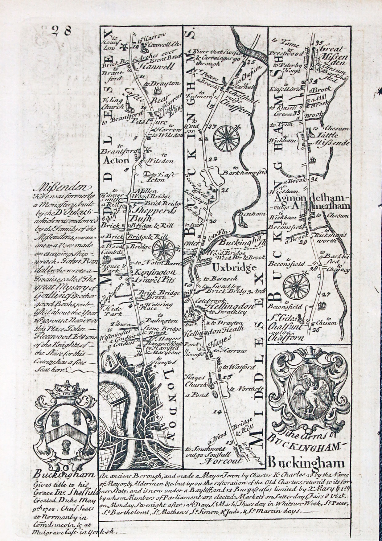 Road map London to Amersham by John Owen and Emanuel Bowen 1753  Road map London to Amersham by John Owen and Emanuel Bowen 1753
