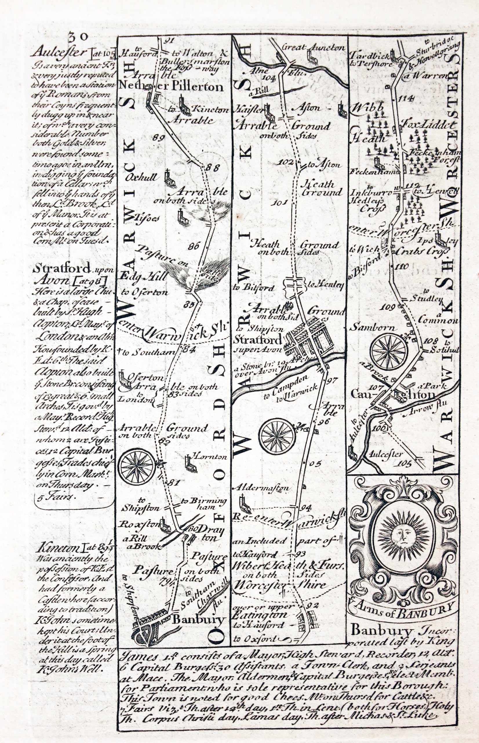 Road map Banbury to Stratford by John Owen and Emanuel Bowen 1753  Road map Banbury to Stratford by John Owen and Emanuel Bowen 1753