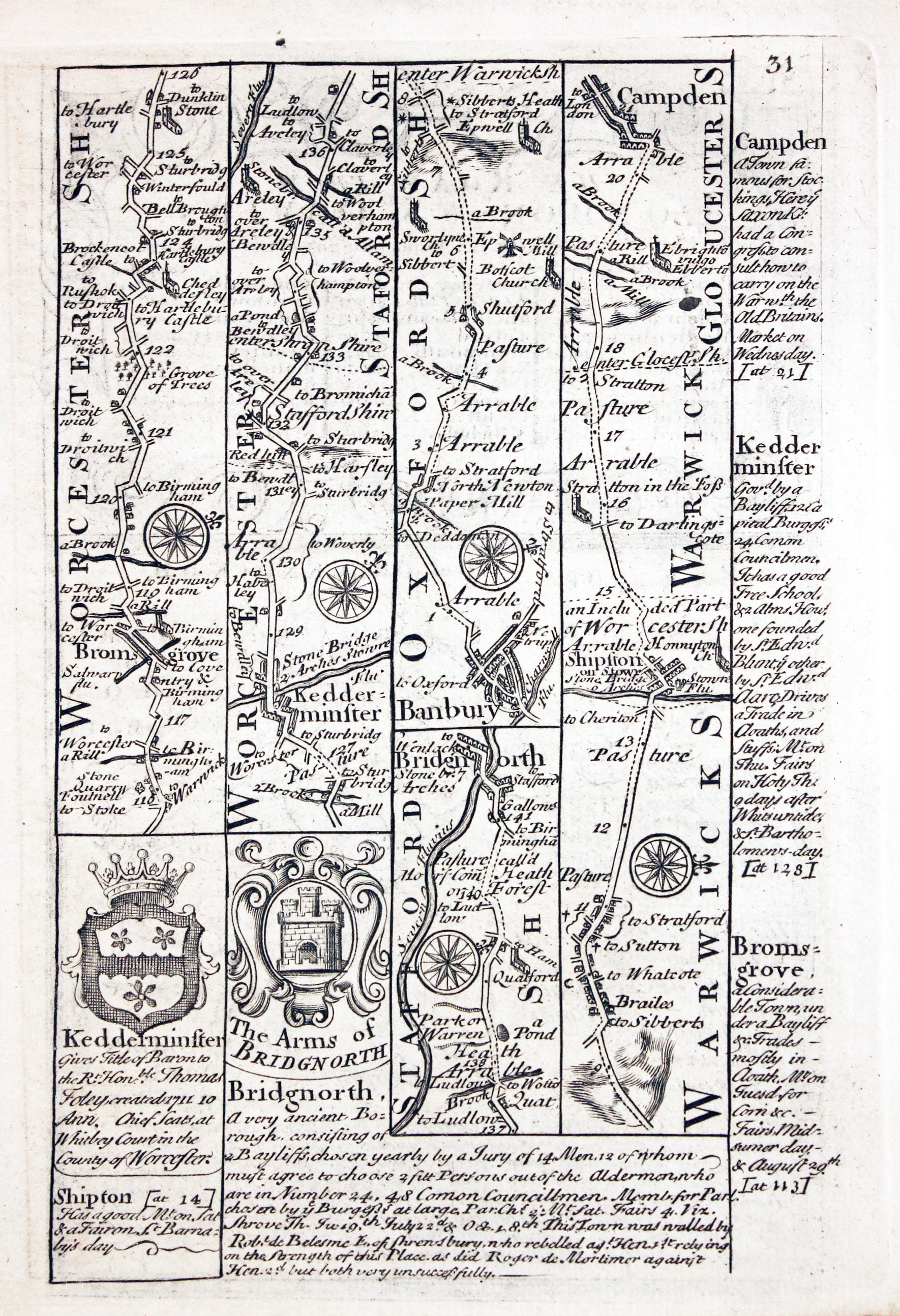 Road map Bromsgrove to Campden by John Owen and Emanuel Bowen 1753  Road map Bromsgrove to Campden by John Owen and Emanuel Bowen 1753