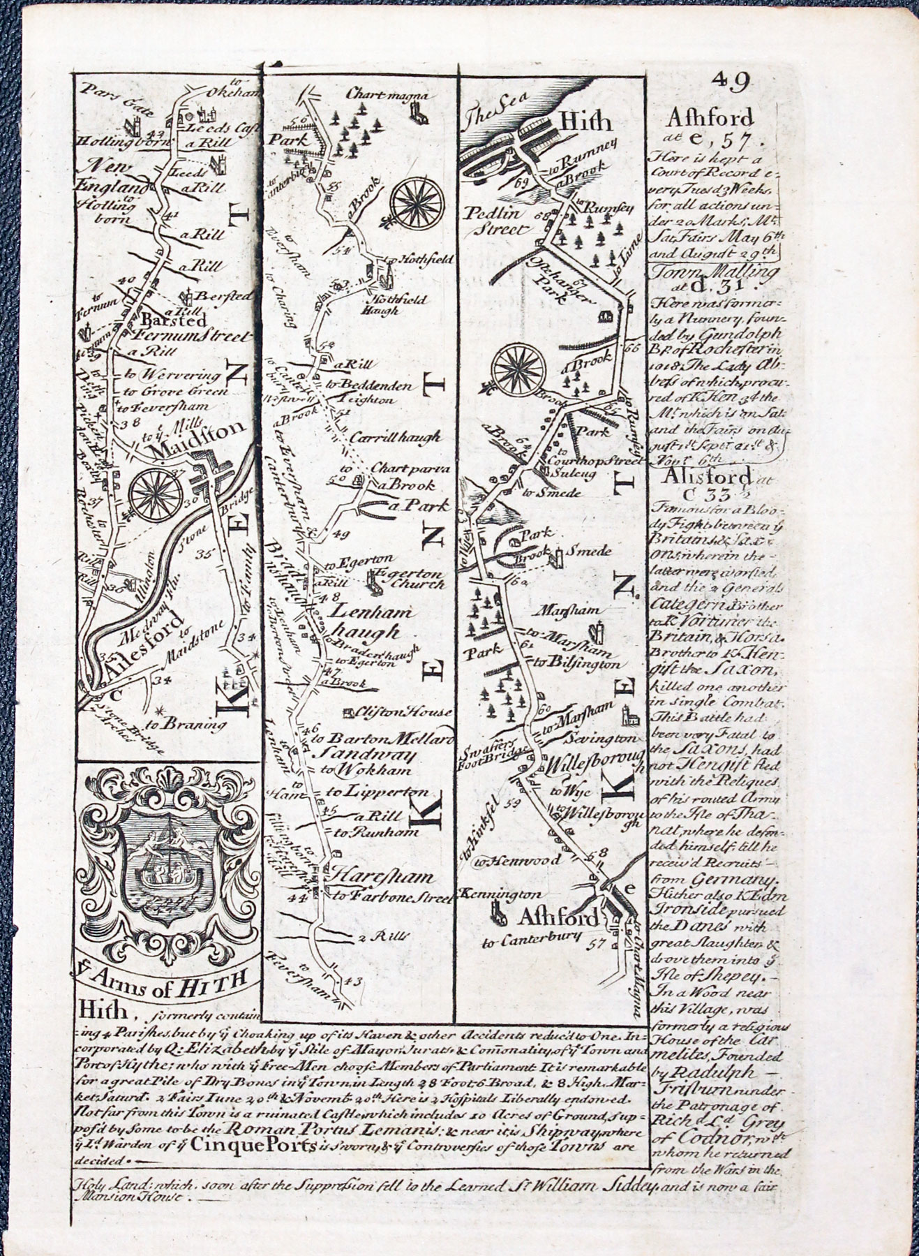 Road map Alresford to Hythe by John Owen and Emaneuil Bowen published in 1753  Road map Alresford to Hythe by John Owen and Emaneuil Bowen published in 1753