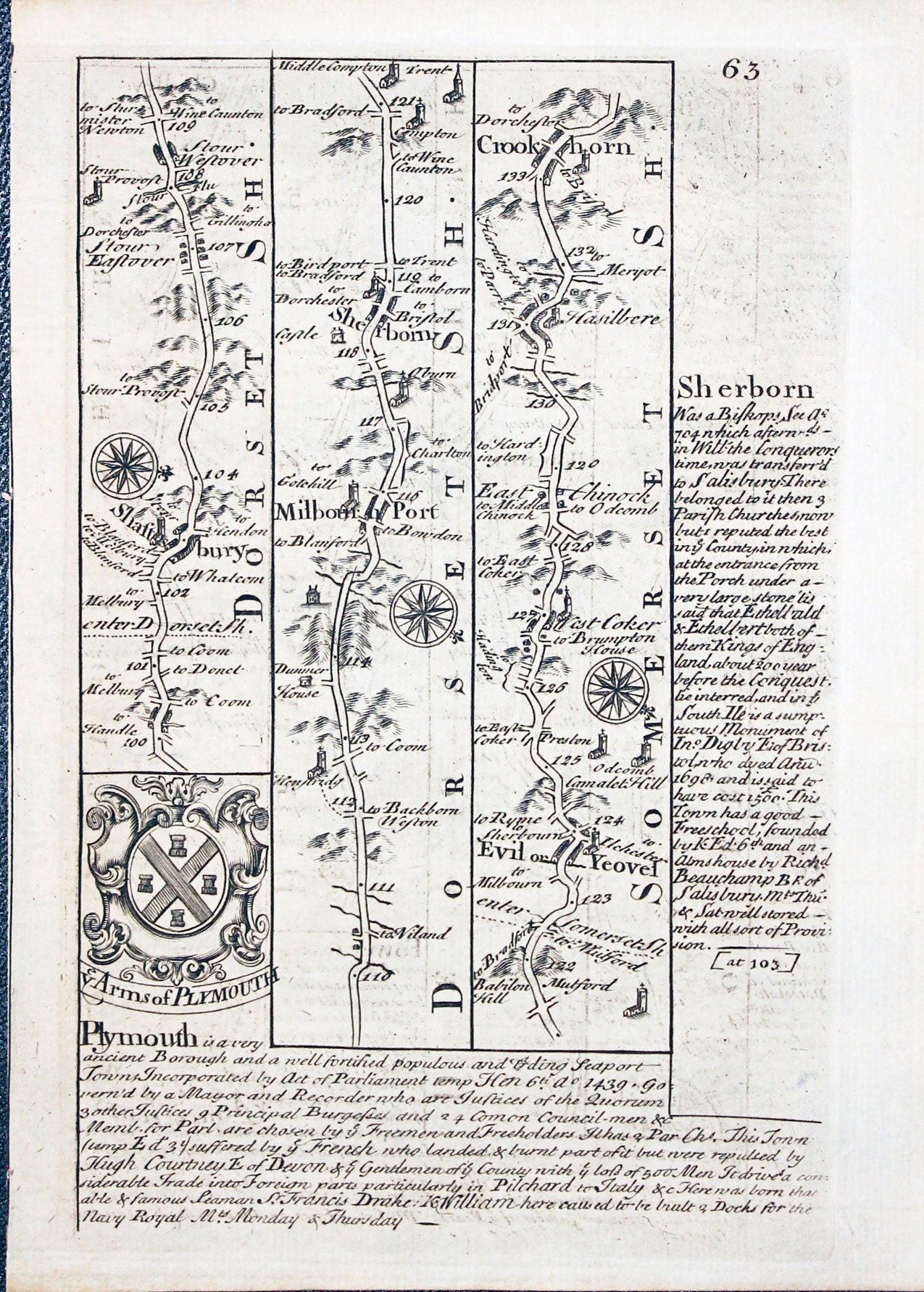 Road map Shaftsbury to Crewkerne by John Owen and Emanuel Bowen 1753