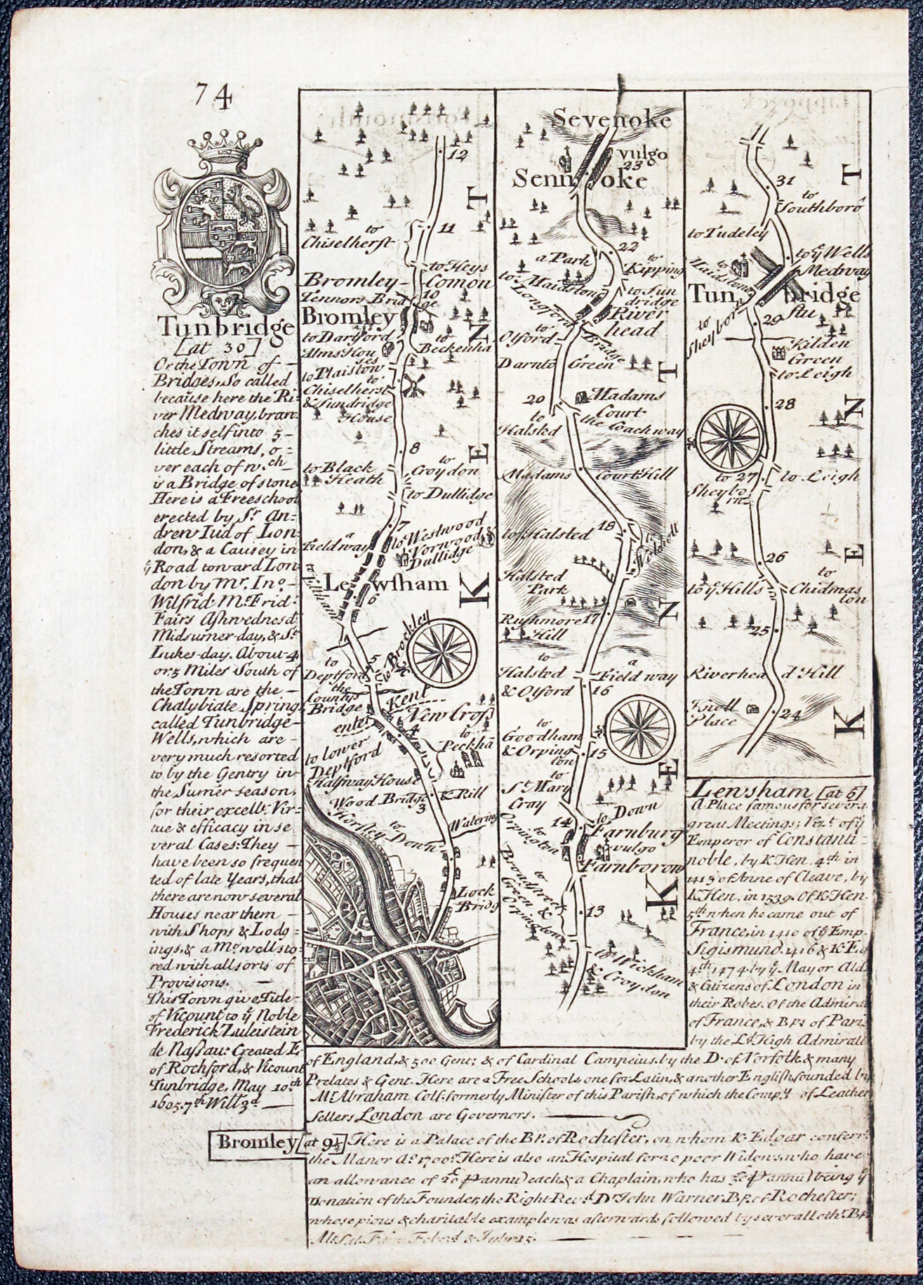 Road map London to Tunbridge Wells by John Owen and Emanuel Bowen, 1753