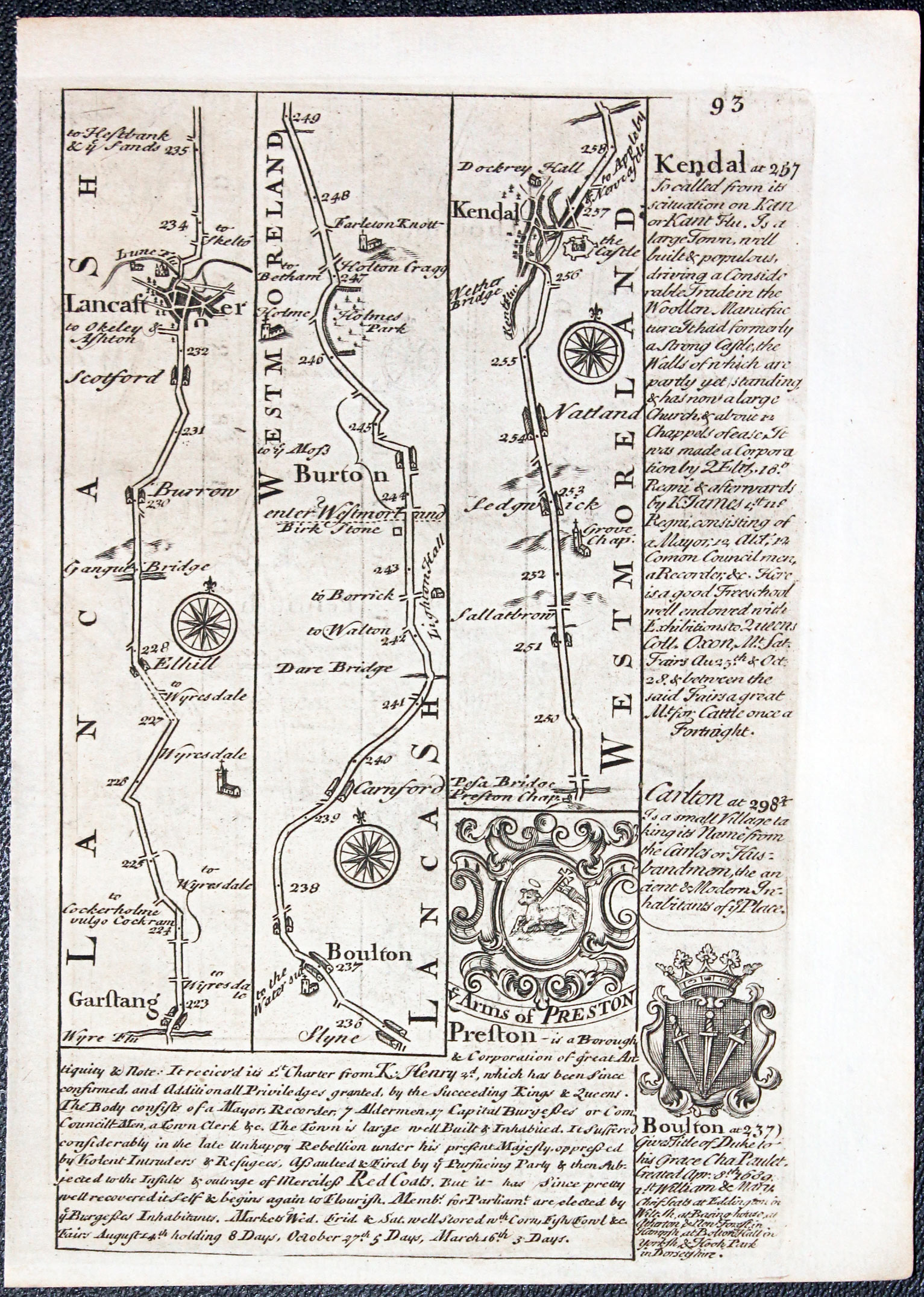 Road map Garstang to Kendal by John Owen and Emanuel Bowen 1753